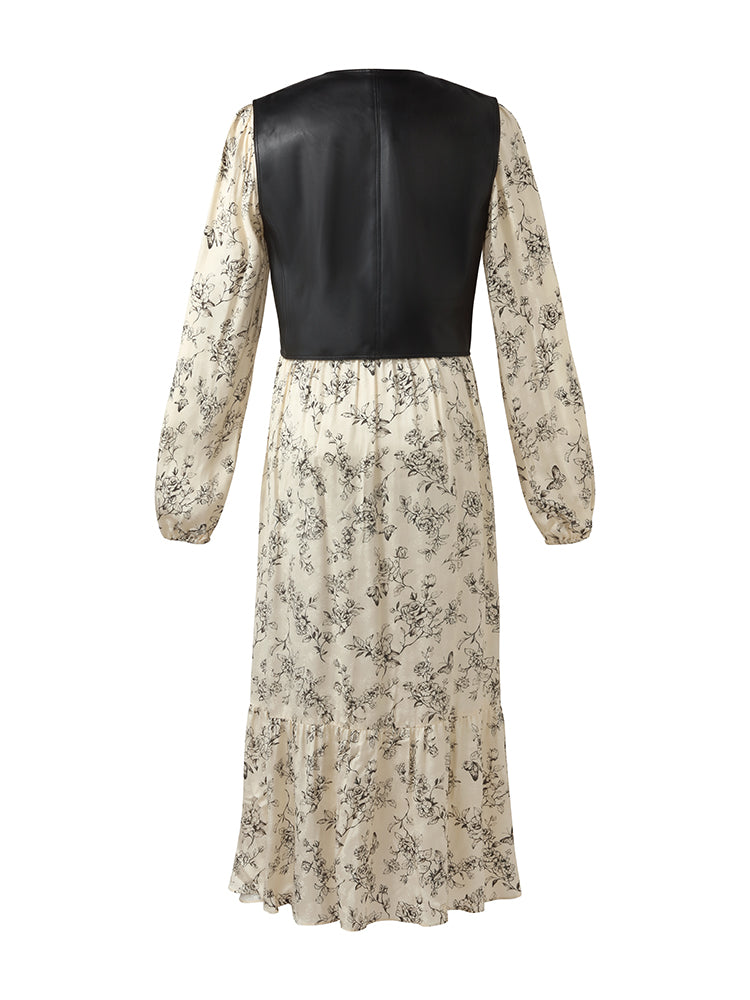 Conjunto Chaleco Eco Cuero Vegano y Vestido Midi Floral