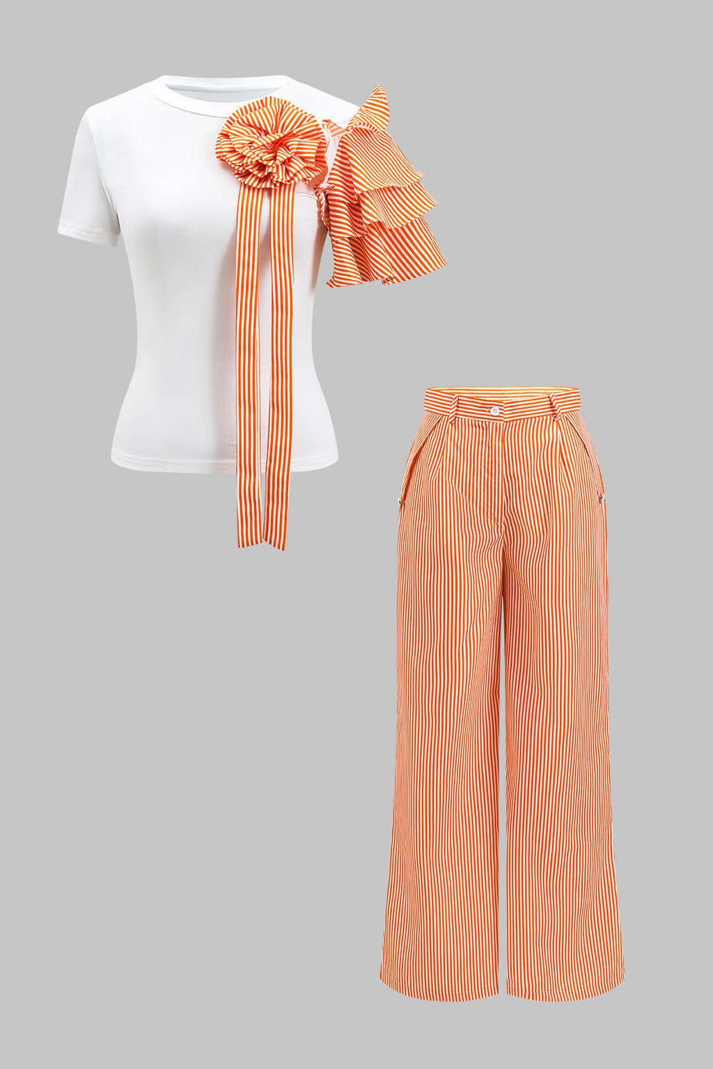 Blusa Rayas 3D con Flores y Pantalón Ancho con Botones