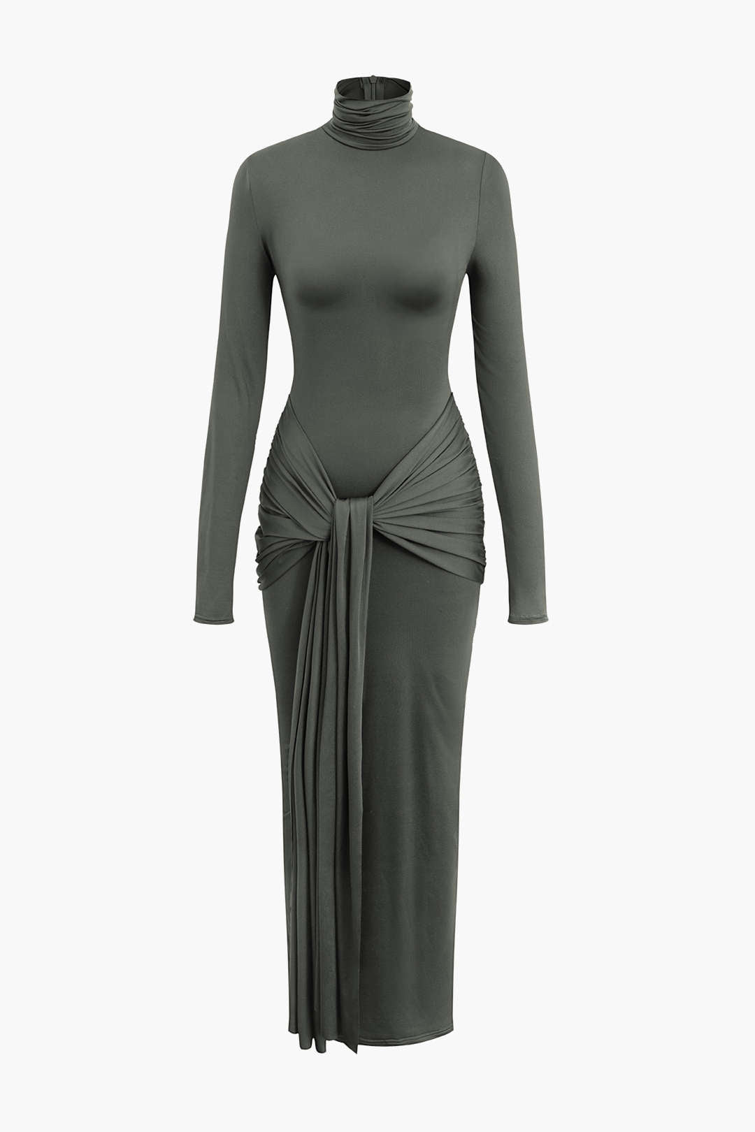 Vestido Maxi Drapeado Con Cuello Alto Manga Larga Elegante