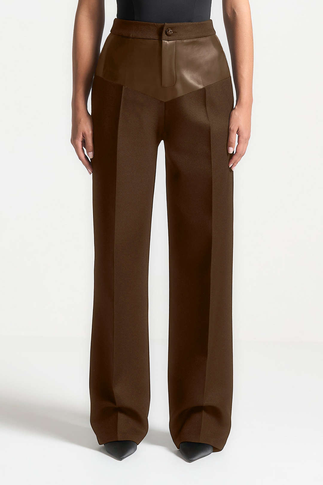 Pantalones Patchwork de Cuero Sintético Mujer Tiro Medio