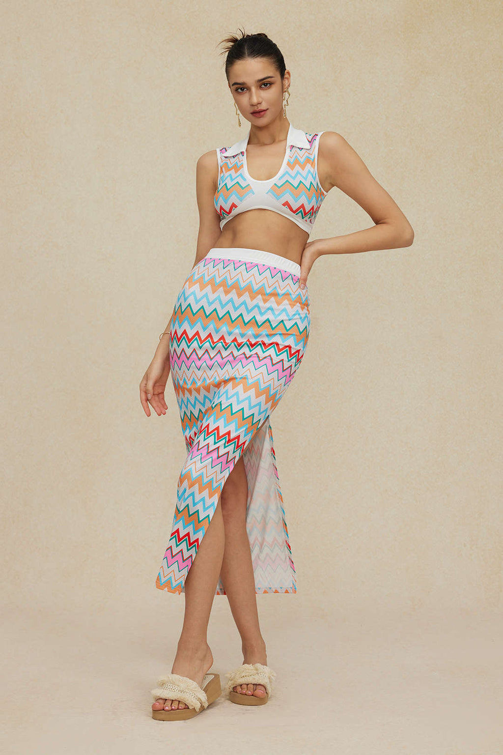 Conjunto Dos Piezas Cuello V Punto Corto Top Falda Larga