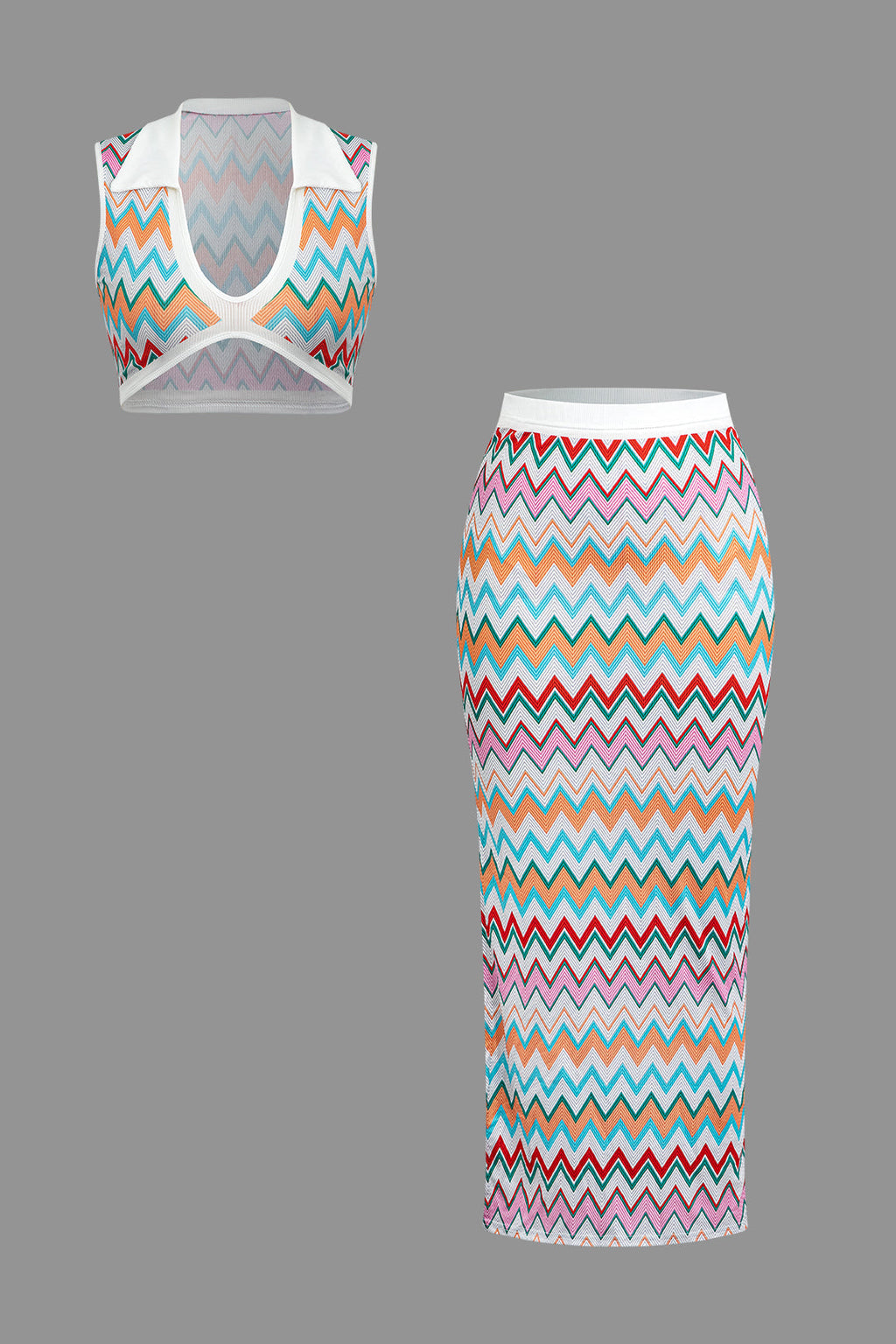 Conjunto Dos Piezas Cuello V Punto Corto Top Falda Larga