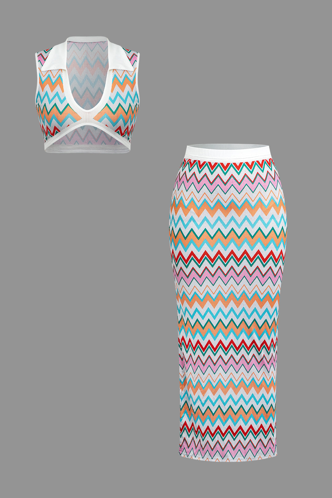 Conjunto Dos Piezas Cuello V Punto Corto Top Falda Larga