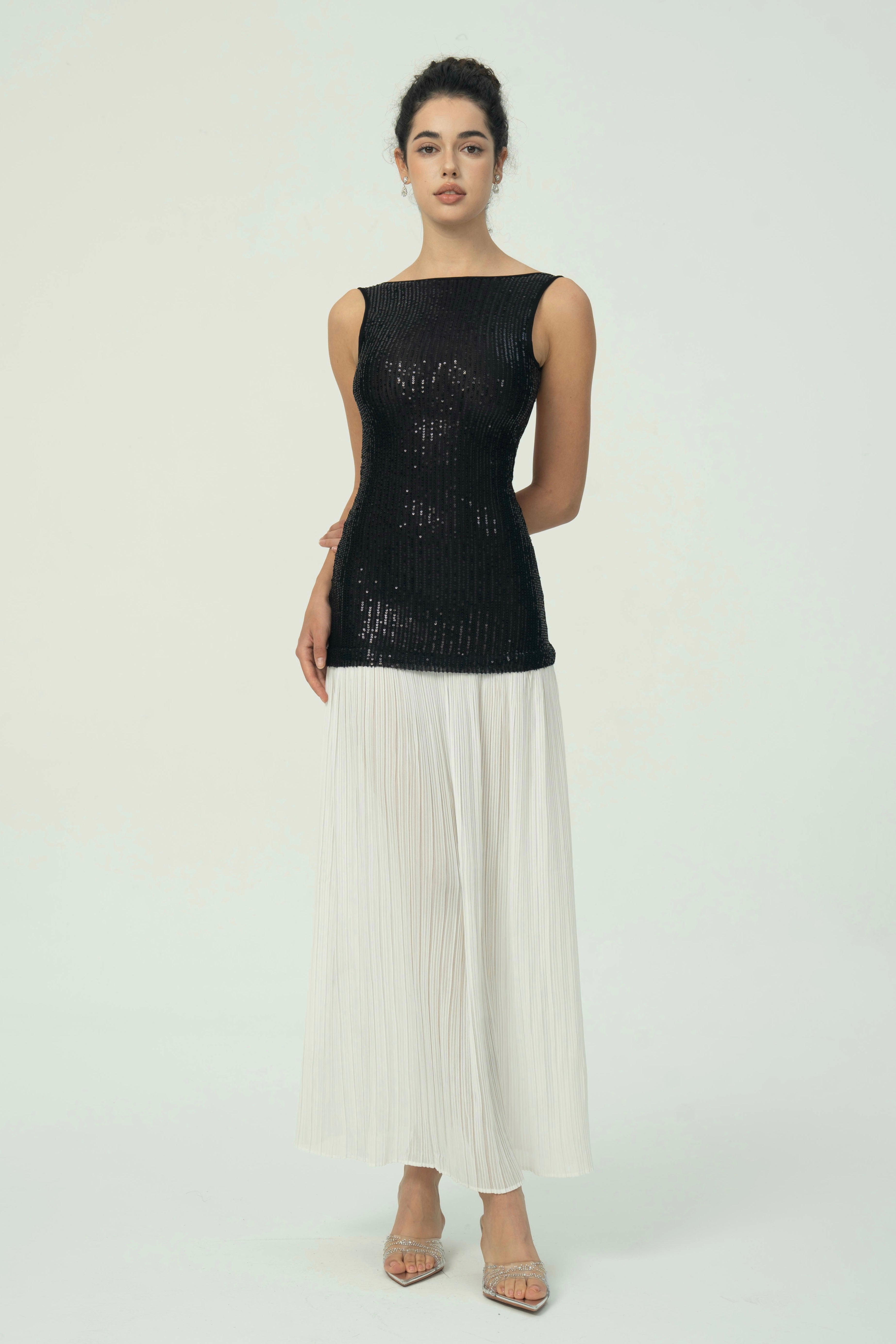 Falda Maxi Plisada Blanca con Lentejuelas Negras Elegantes
