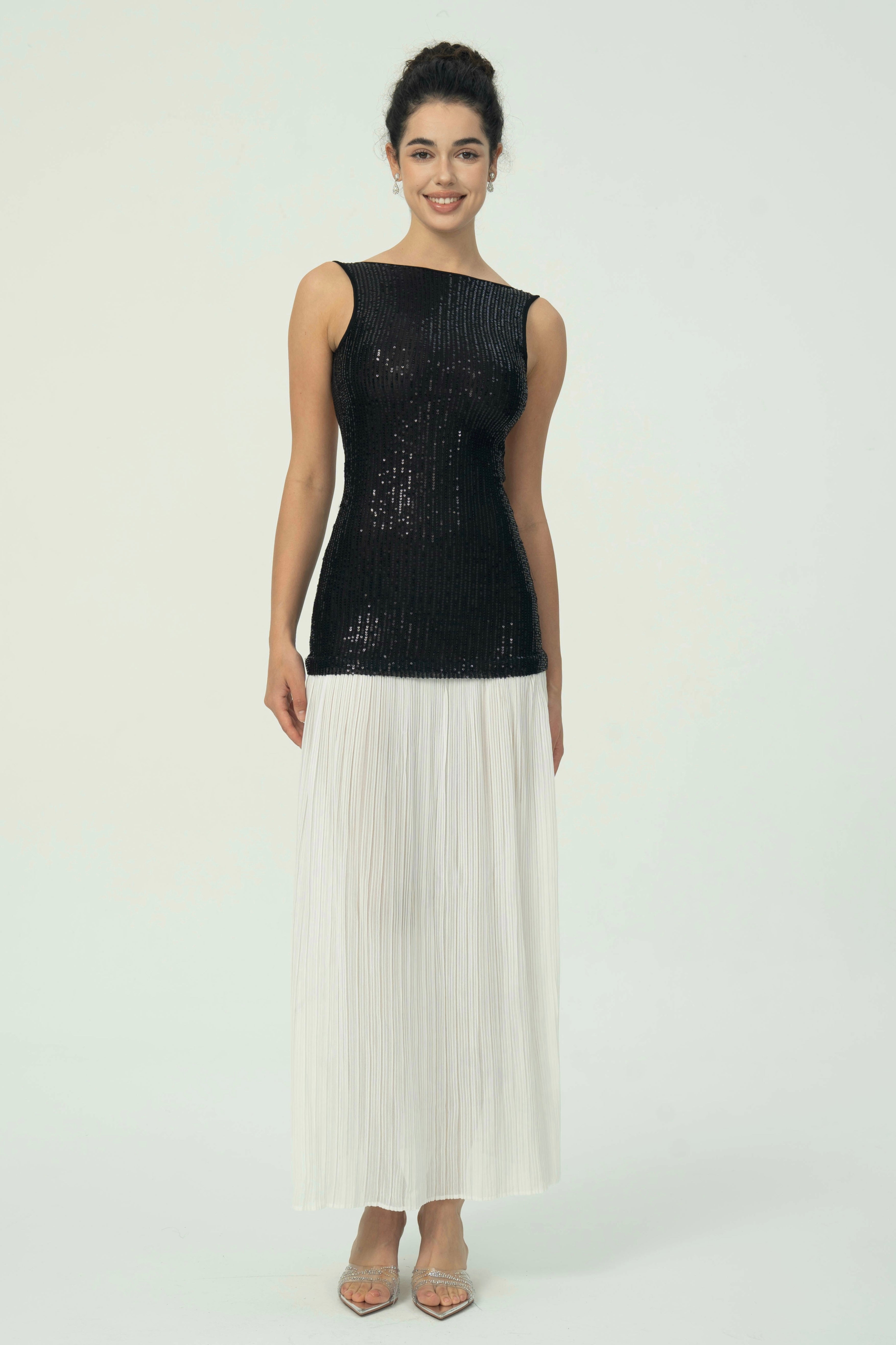 Falda Maxi Plisada Blanca con Lentejuelas Negras Elegantes