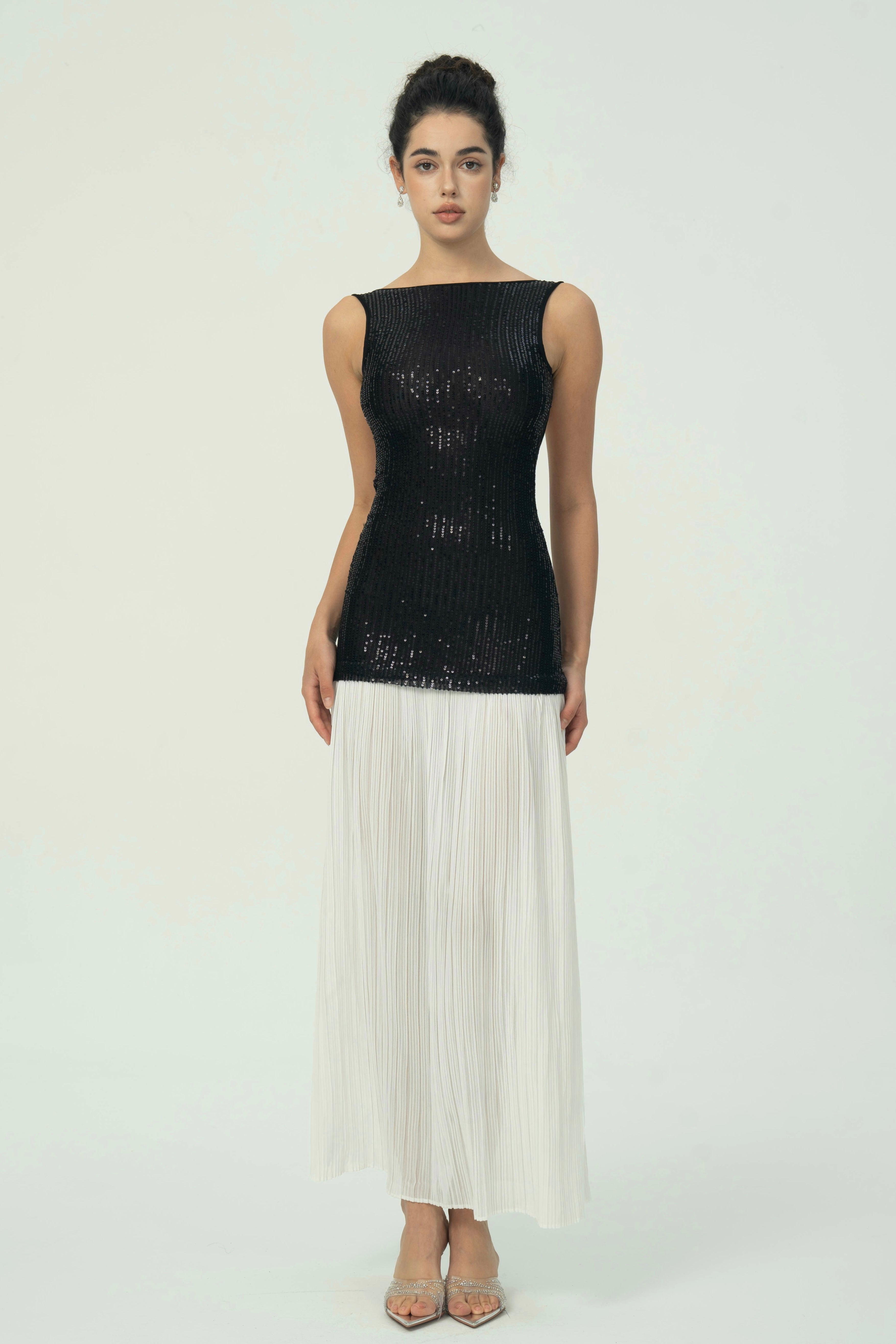 Falda Maxi Plisada Blanca con Lentejuelas Negras Elegantes