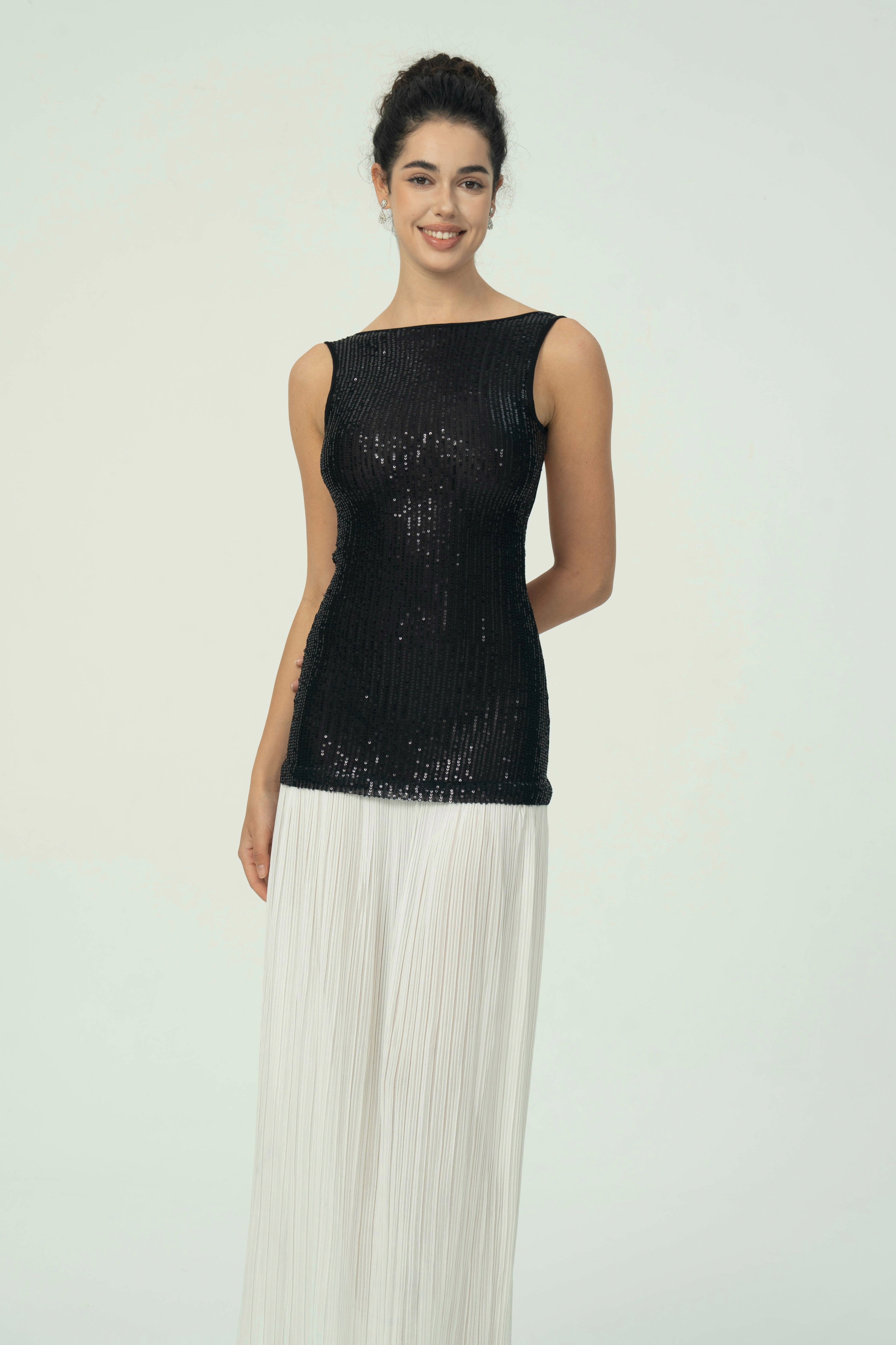 Falda Maxi Plisada Blanca con Lentejuelas Negras Elegantes