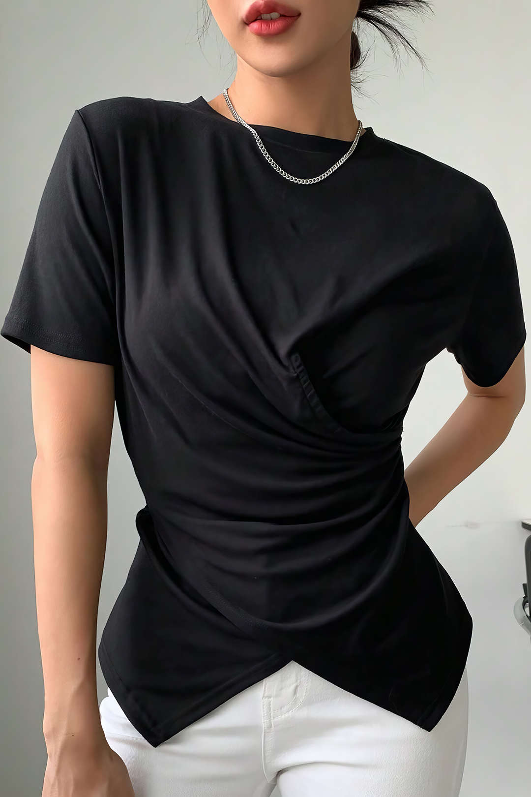 Camiseta de Manga Corta con Nudo Curvo para Mujer Casual