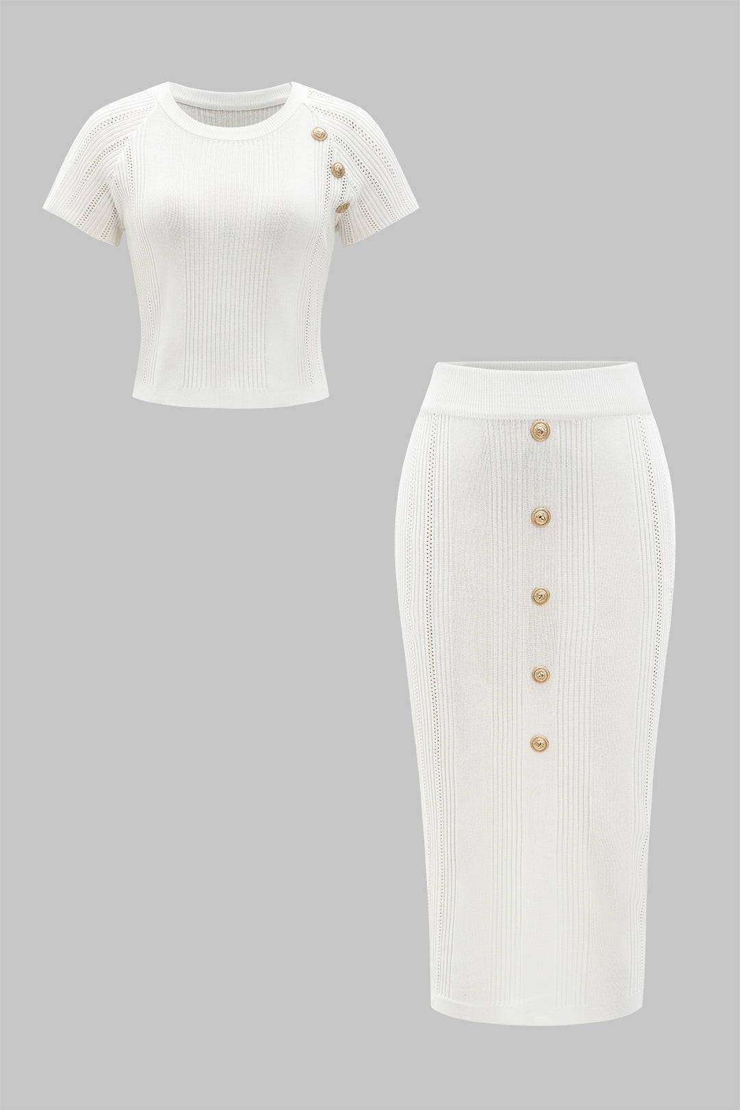 Conjunto De Top De Punto Metálico Y Falda Botonada Elegante