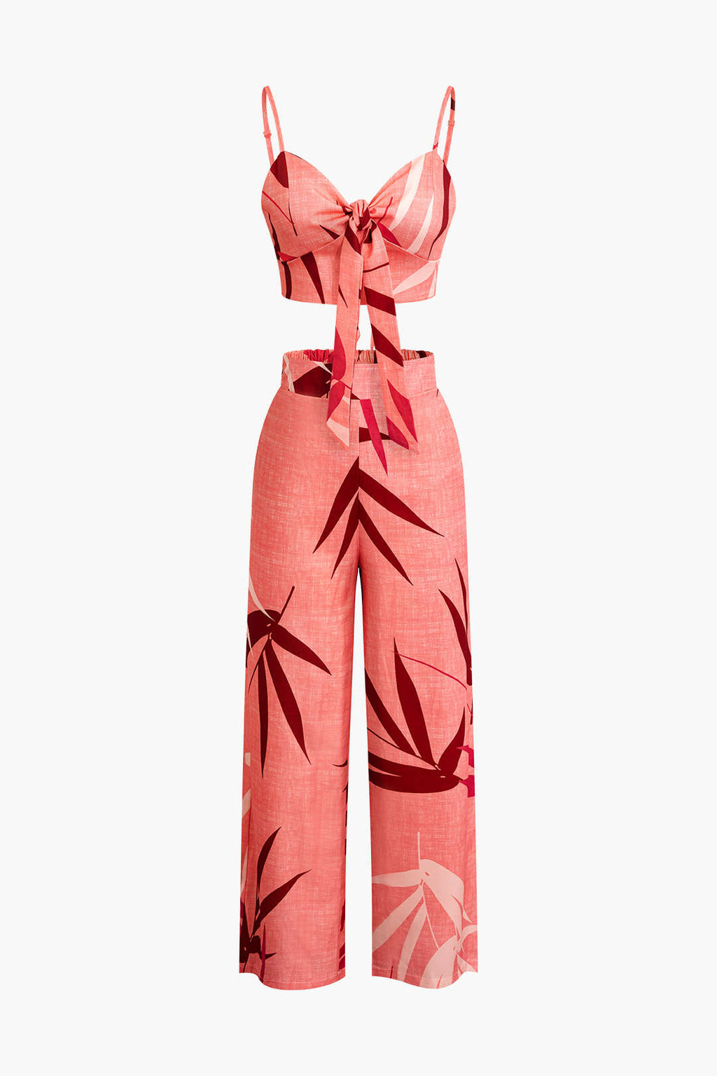 Conjunto Top Espagueti Pantalón Estampado Hojas De Bambú