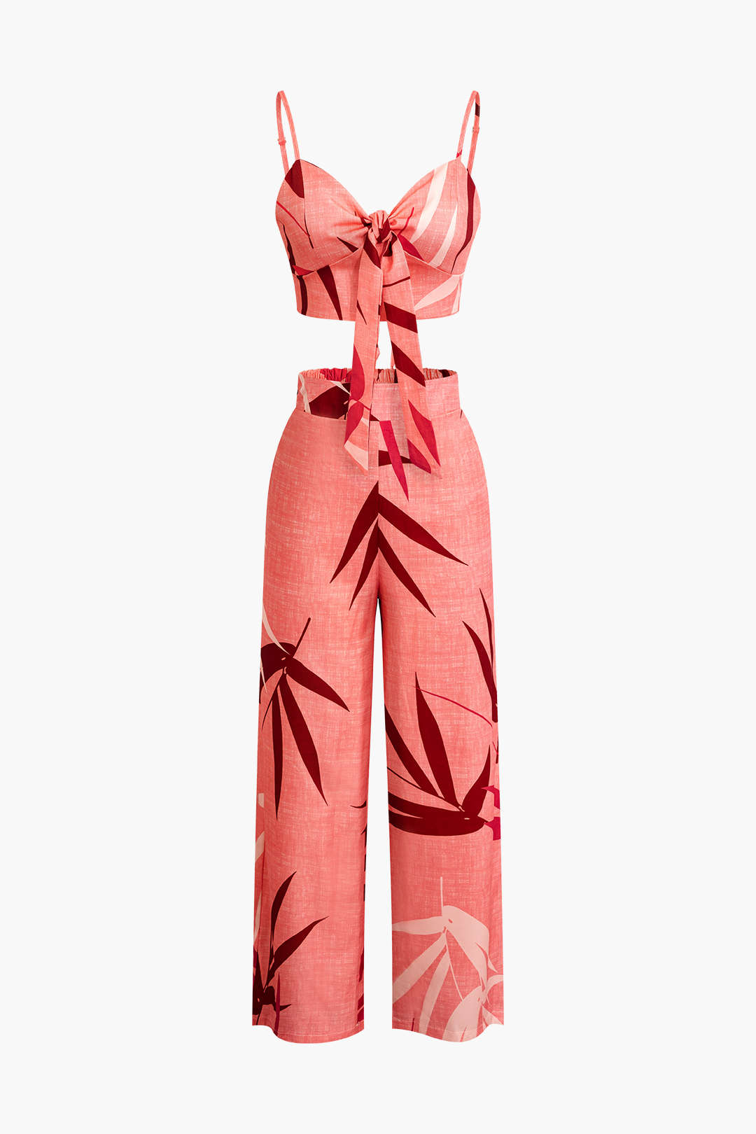 Conjunto Top Espagueti Pantalón Estampado Hojas De Bambú