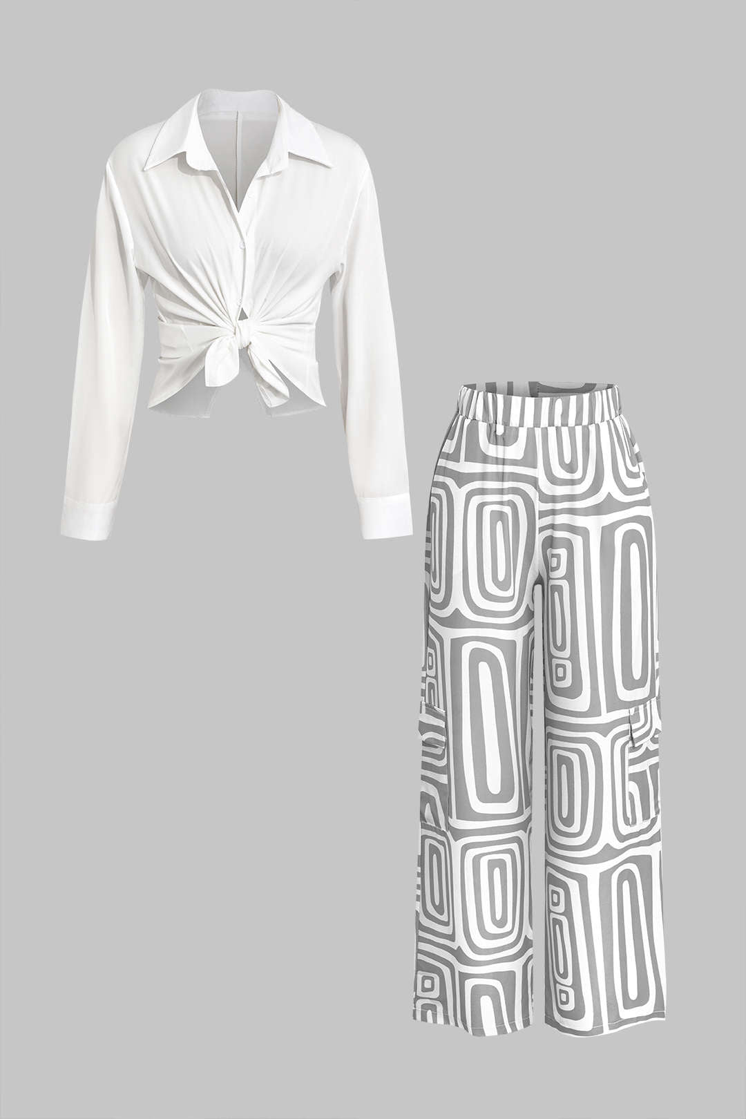 Conjunto Camisa Nudo Cálido Pantalón Estampado Artístico