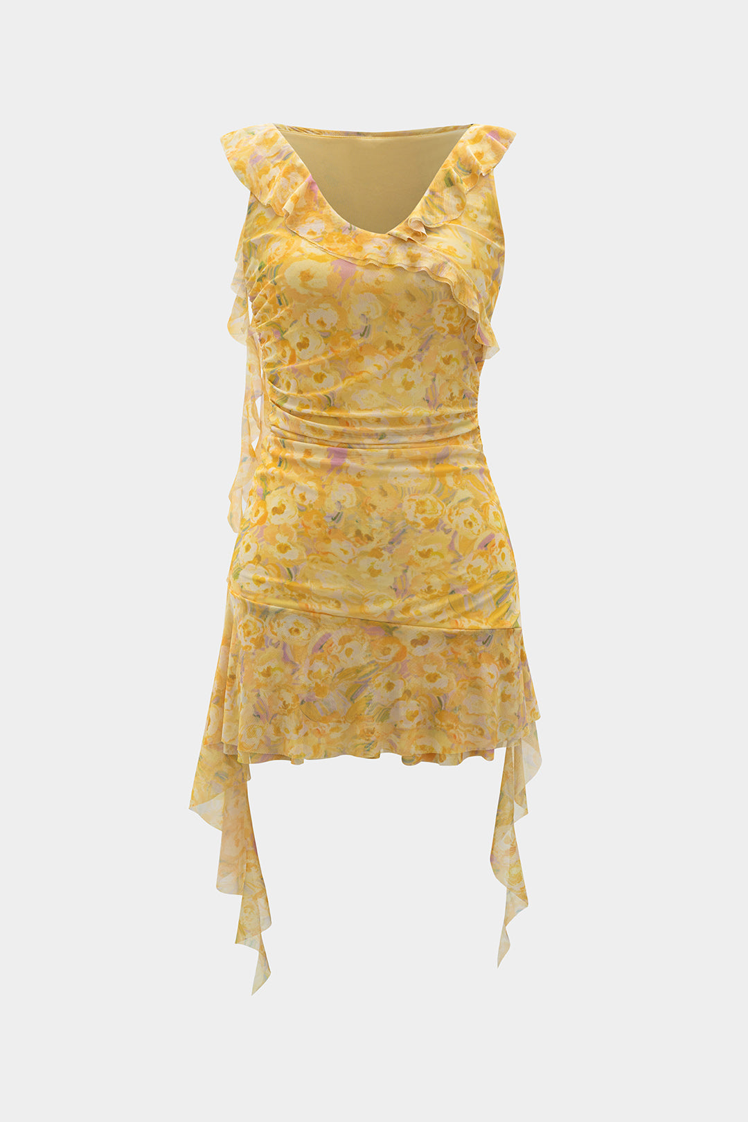 Vestido Mini Floral De Malla Con Volantes Y Escote En V