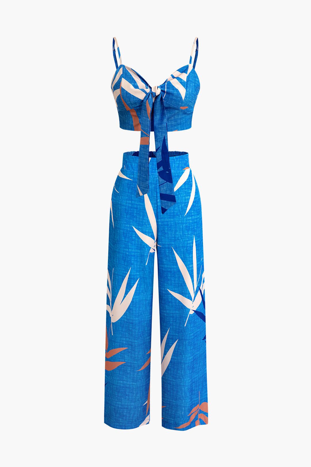 Conjunto Top Espagueti Pantalón Estampado Hojas De Bambú