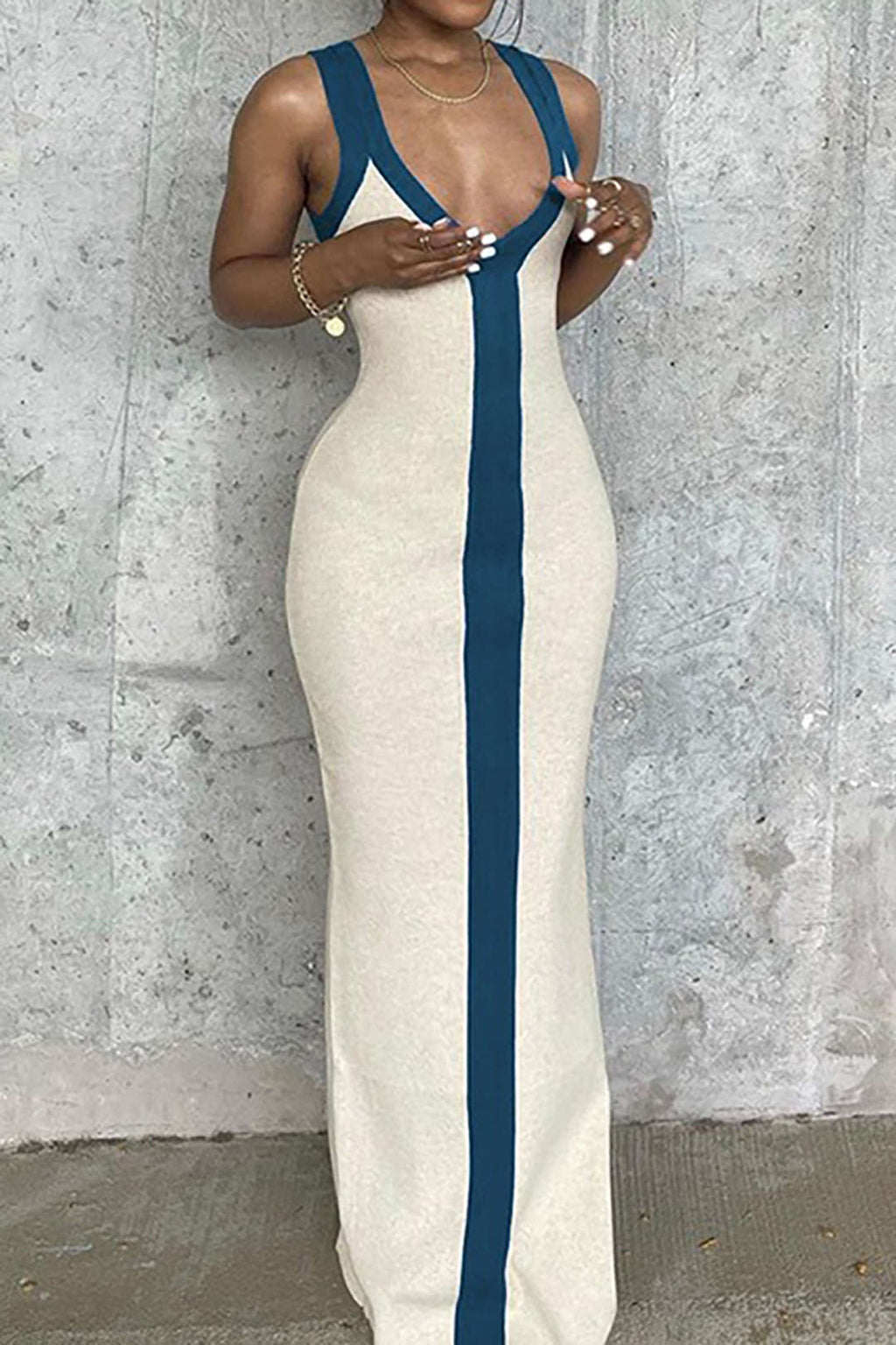 Vestido Maxi Color Block Con Escote En V Y Ribbed Elegante