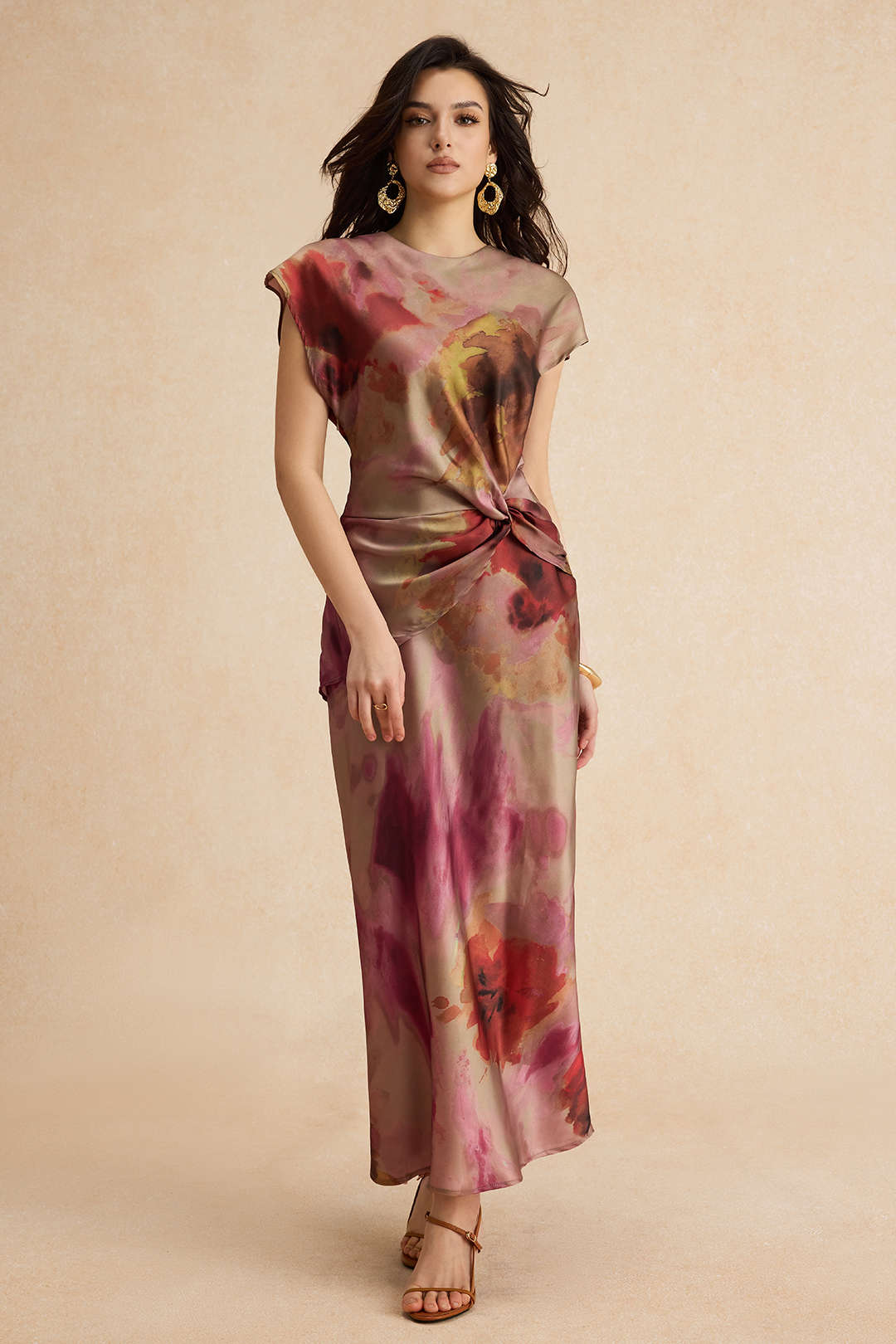 Vestido Midi Estampado Tie Dye Con Volantes Y Nudo Elegante
