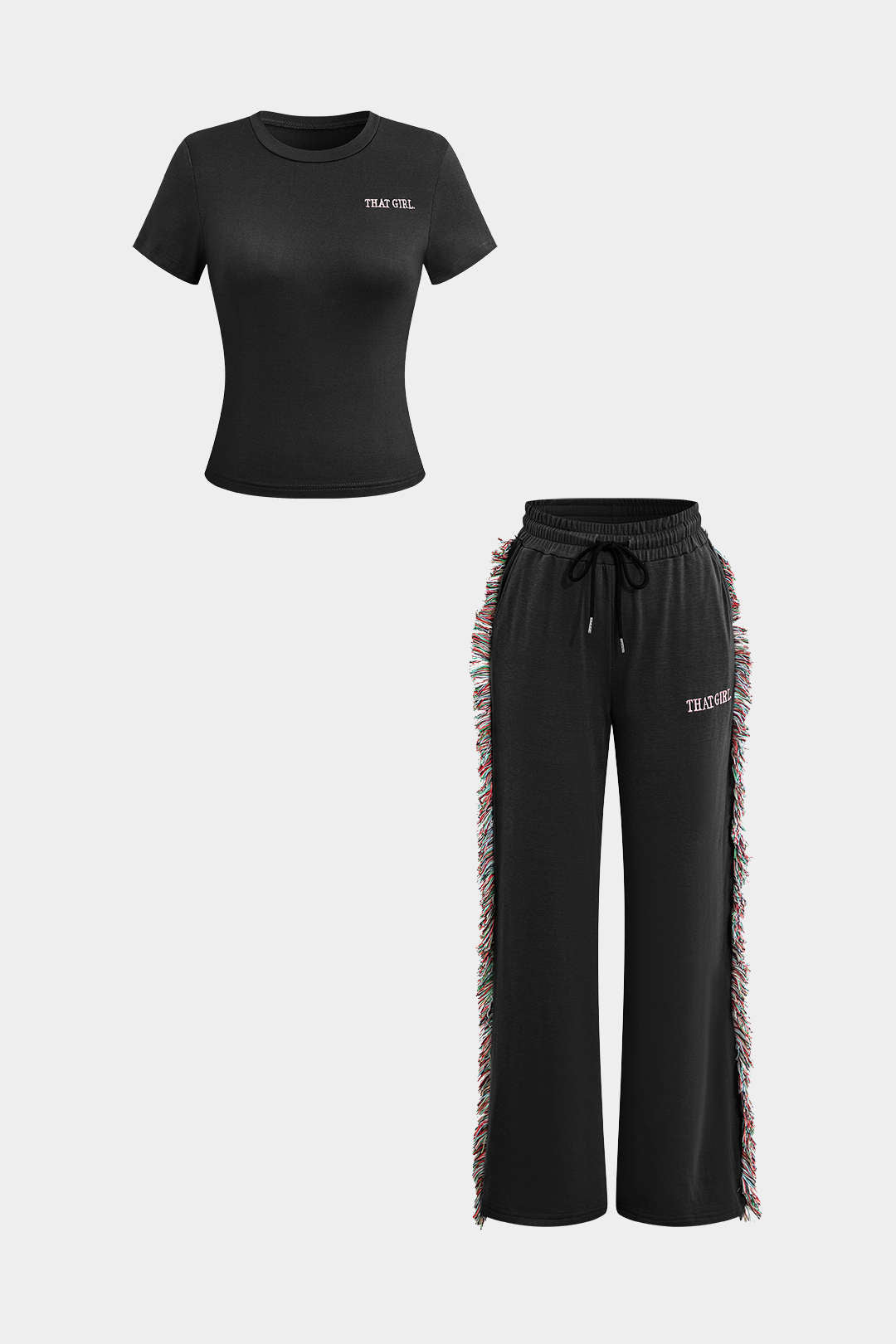 Conjunto Dos Piezas Camiseta Impresa Pantalones con Borlas