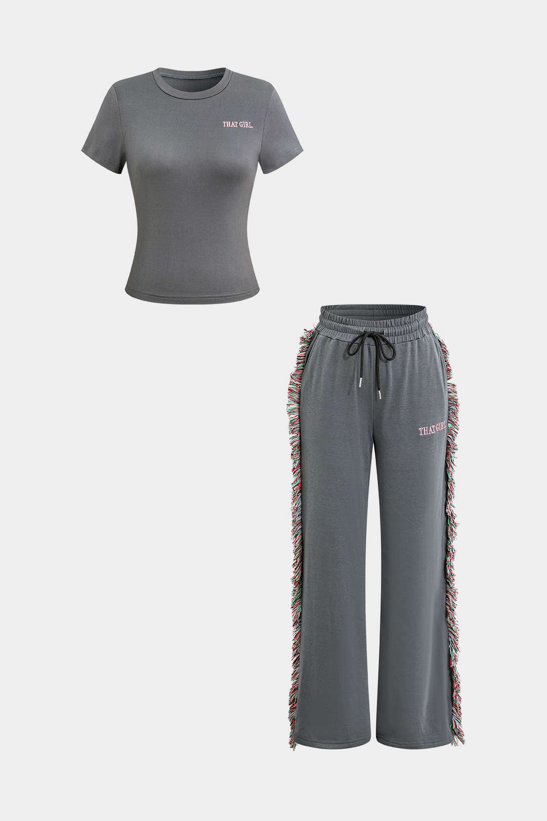 Conjunto Dos Piezas Camiseta Impresa Pantalones con Borlas