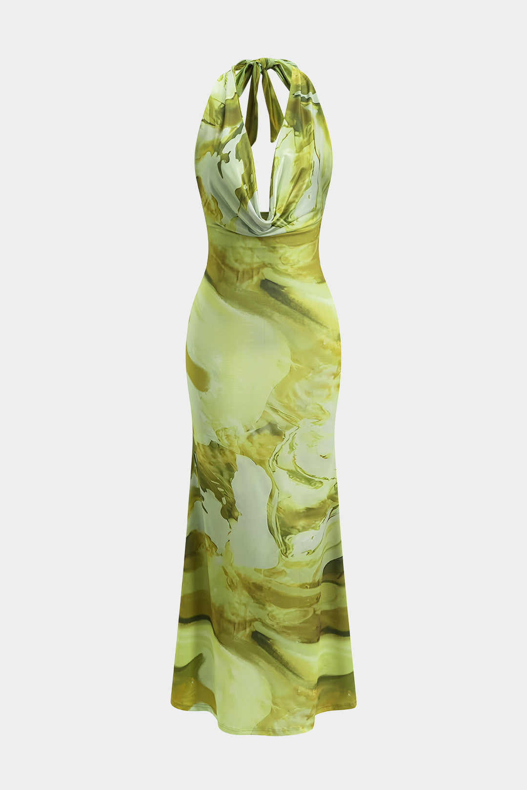 Vestido Maxi de Ante Sedoso Escote Drapeado Espalda Desnuda