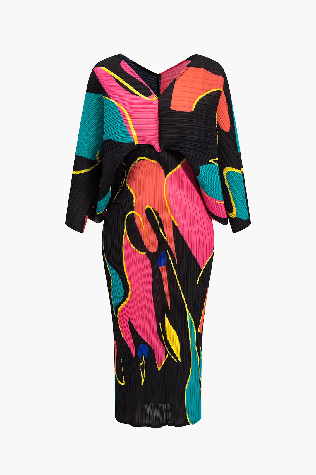 Vestido Maxi Estampado en Bloques de Color con Pliegues