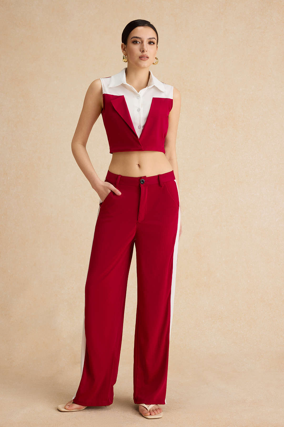 Conjunto Blusa Patchwork Sin Mangas Pantalón Con Bolsillos