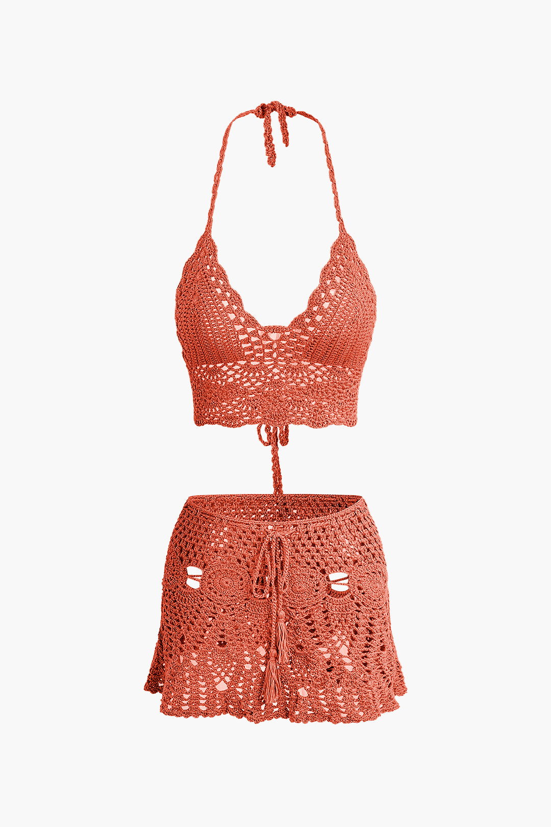 Conjunto Dos Piezas Ganchillo Halter Top Y Falda Mini