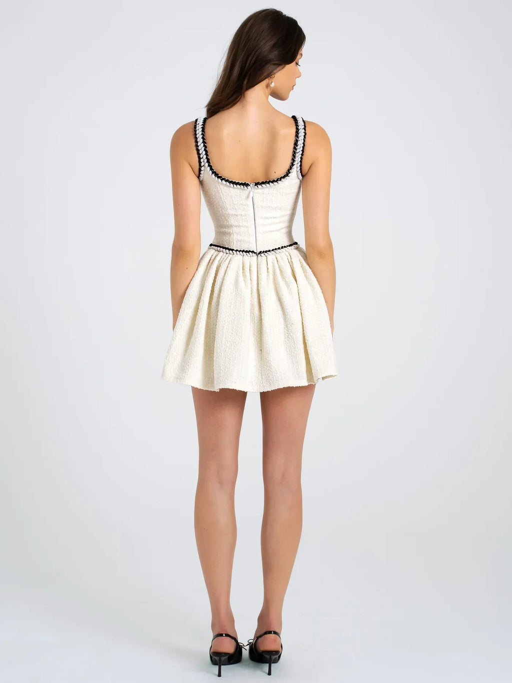 Vestido Corto Plisado En Tweed Con Lazo Contraste Mujer