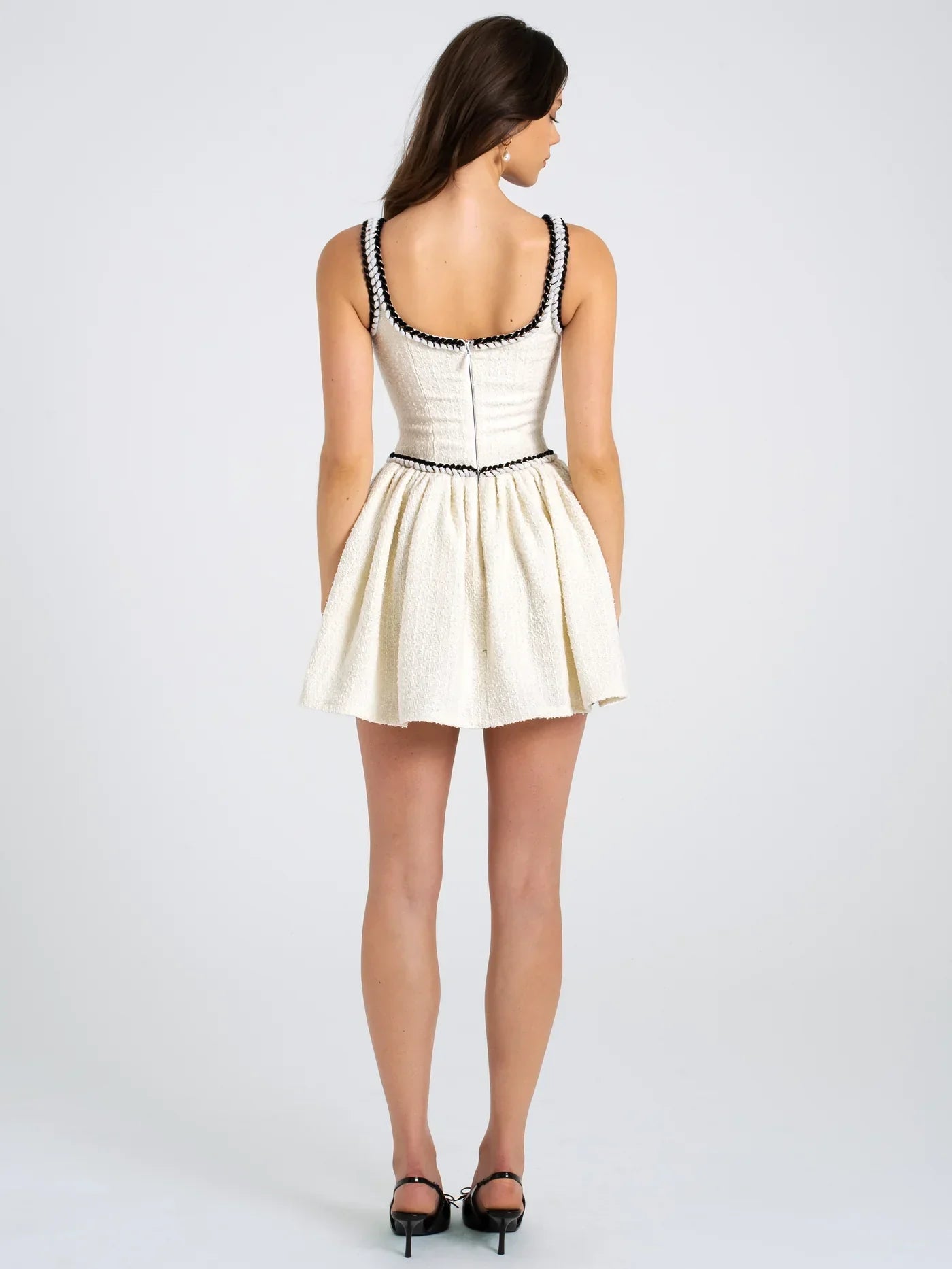 Vestido Corto Plisado En Tweed Con Lazo Contraste Mujer