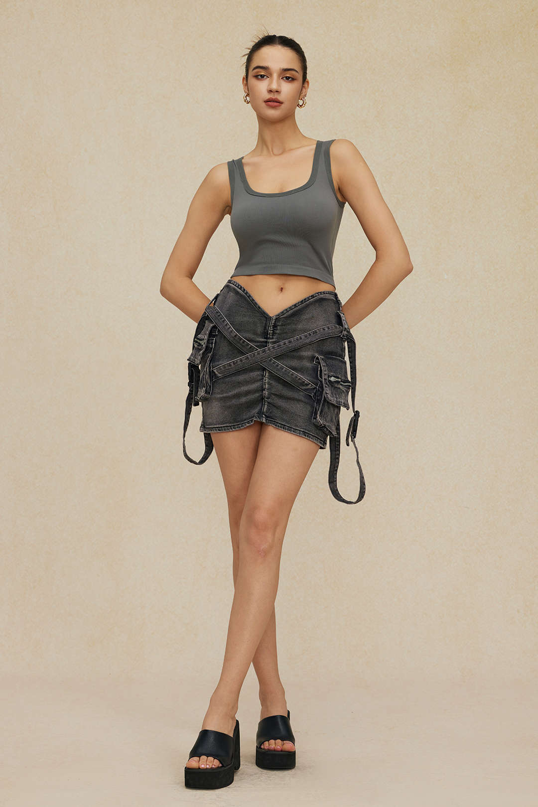 Falda Denim Cargo Cintura Elástica Con Bolsillos Clásica