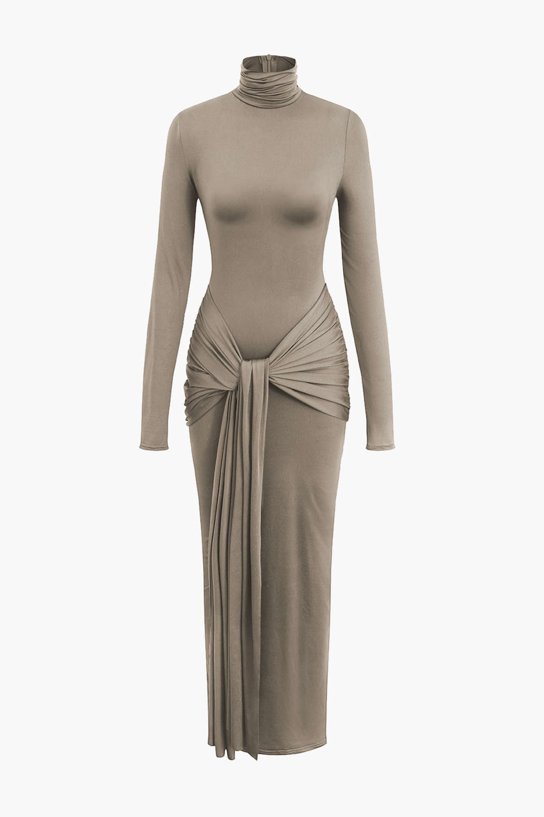 Vestido Maxi Drapeado Con Cuello Alto Manga Larga Elegante