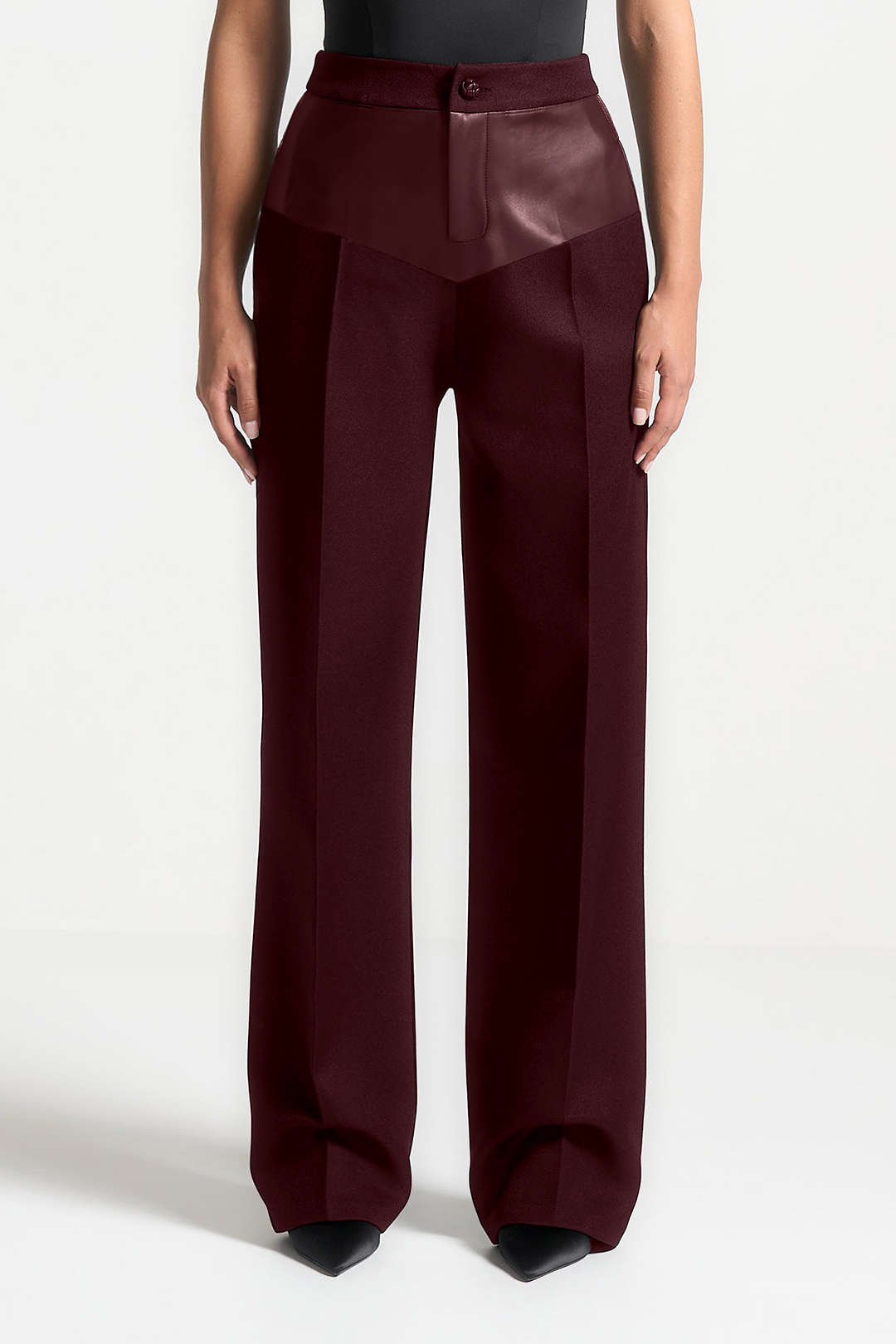 Pantalones Patchwork de Cuero Sintético Mujer Tiro Medio