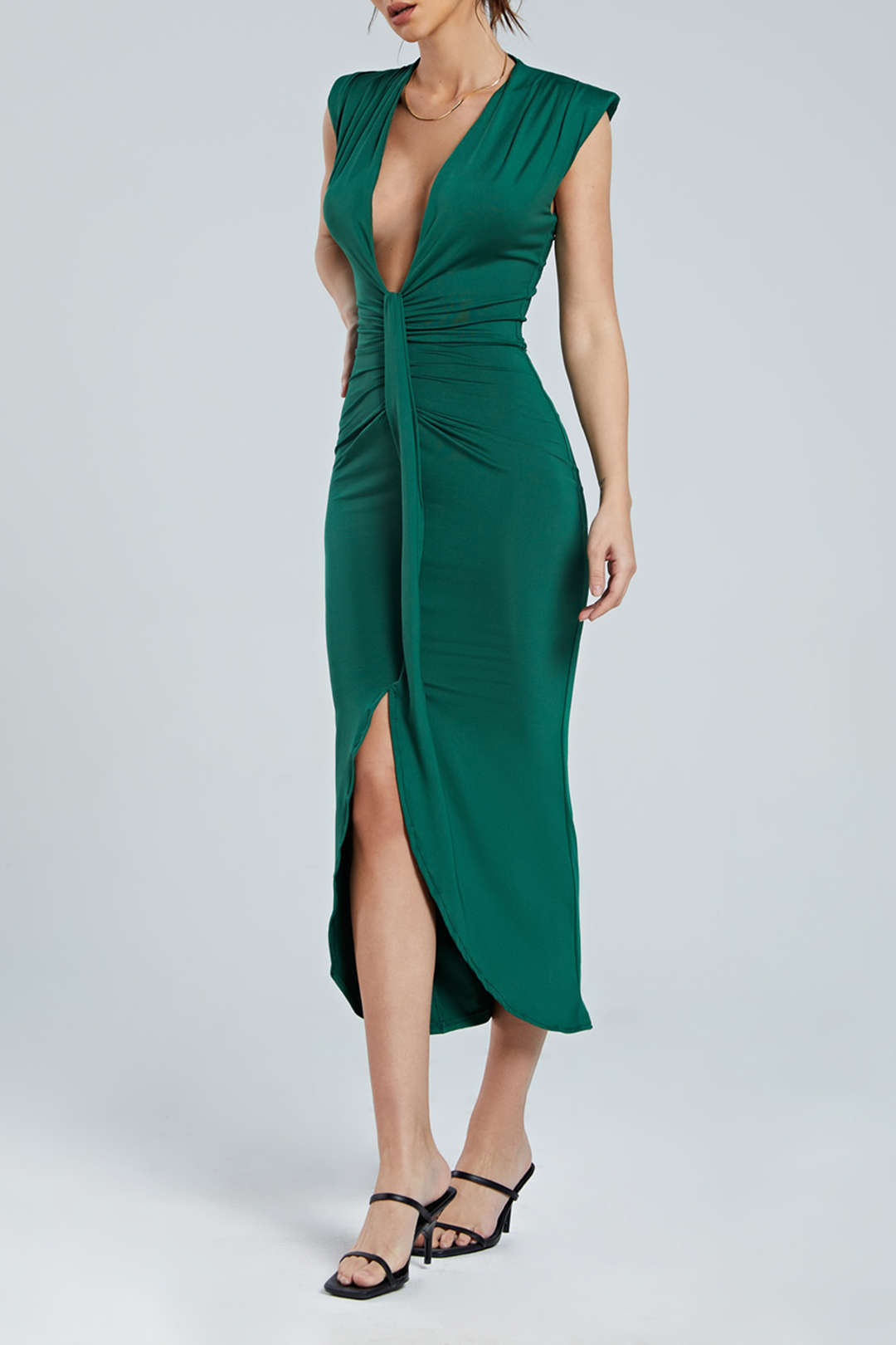 Vestido Midi Sin Mangas Con Escote En V Silueta Elegante