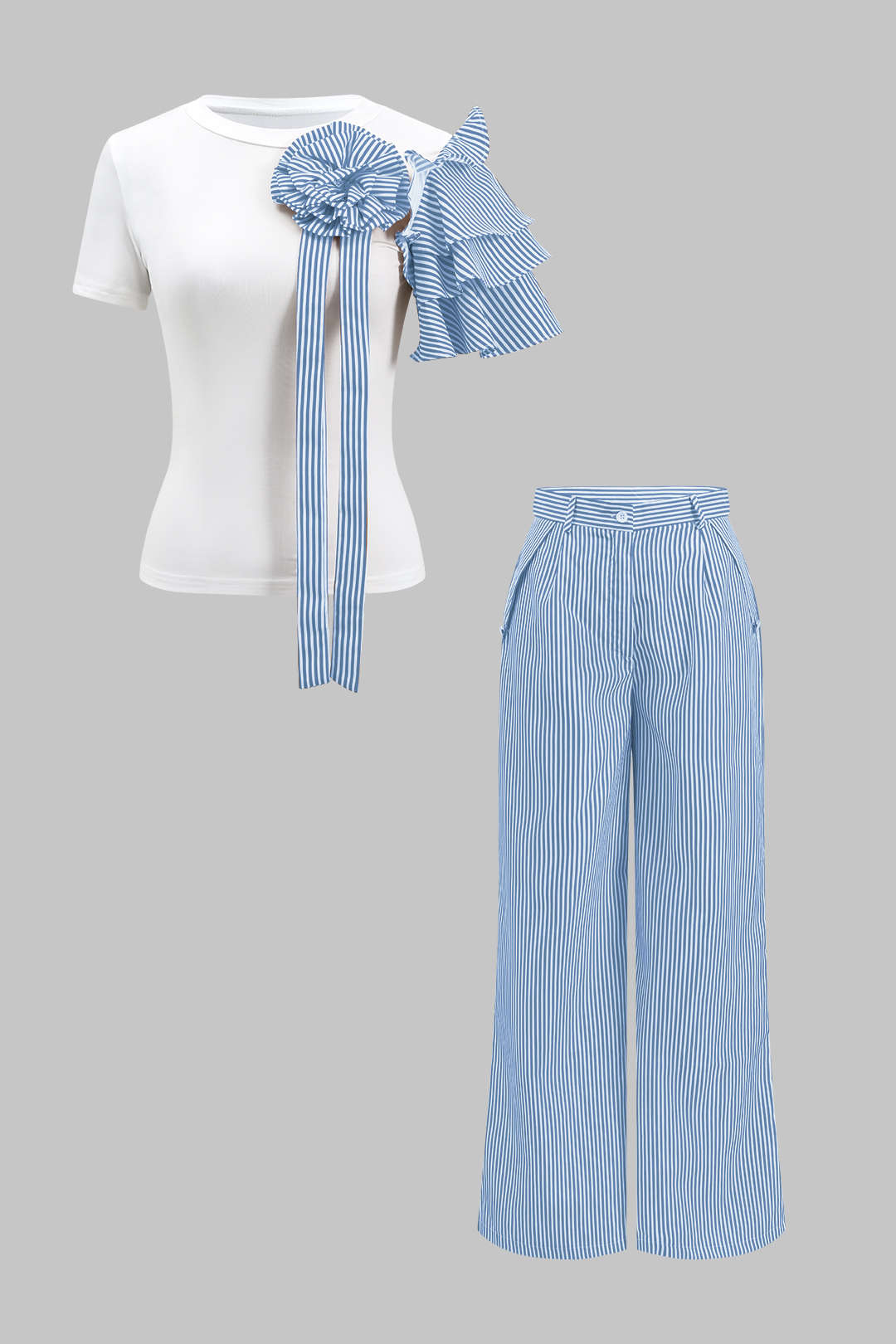 Blusa Rayas 3D con Flores y Pantalón Ancho con Botones