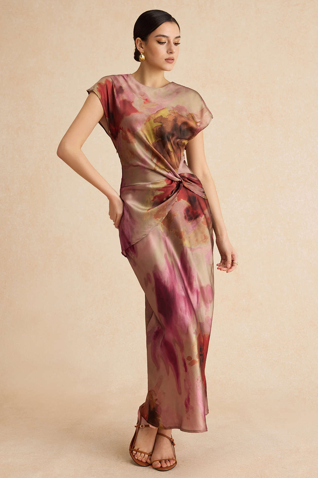 Vestido Midi Estampado Tie Dye Con Volantes Y Nudo Elegante