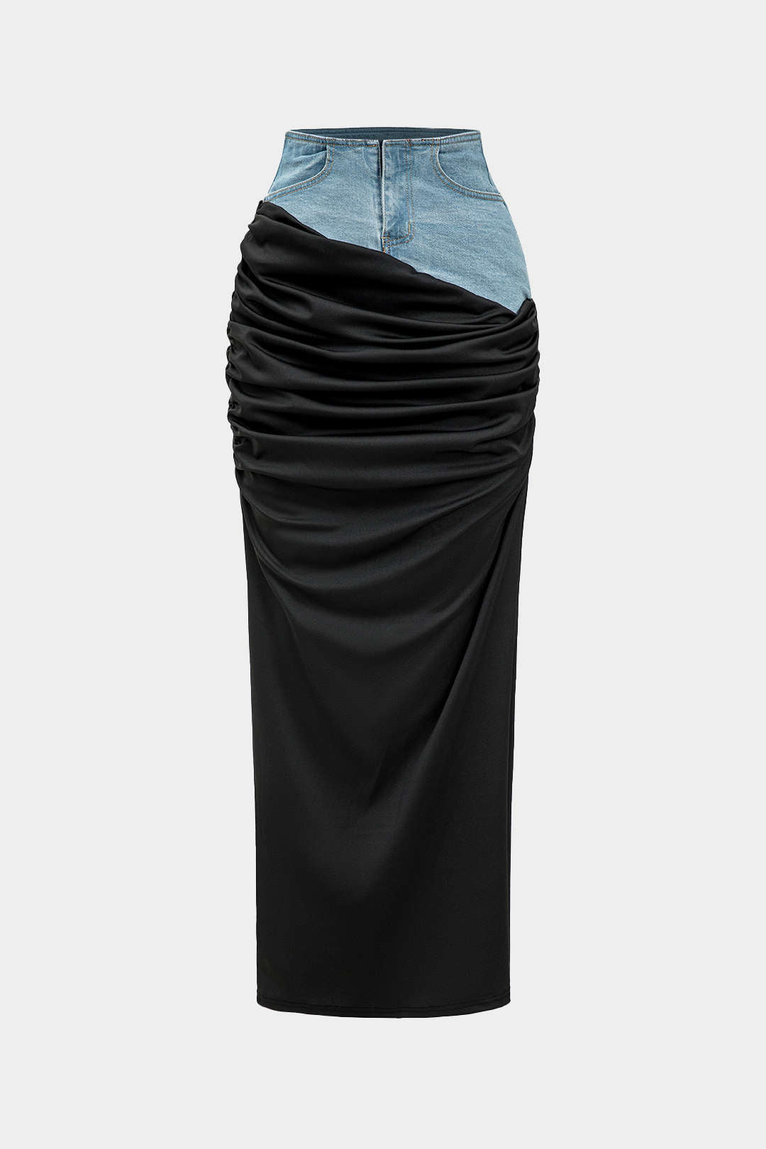 Falda Denim Patch Color Block Arrugada Cremallera Tiro Medio