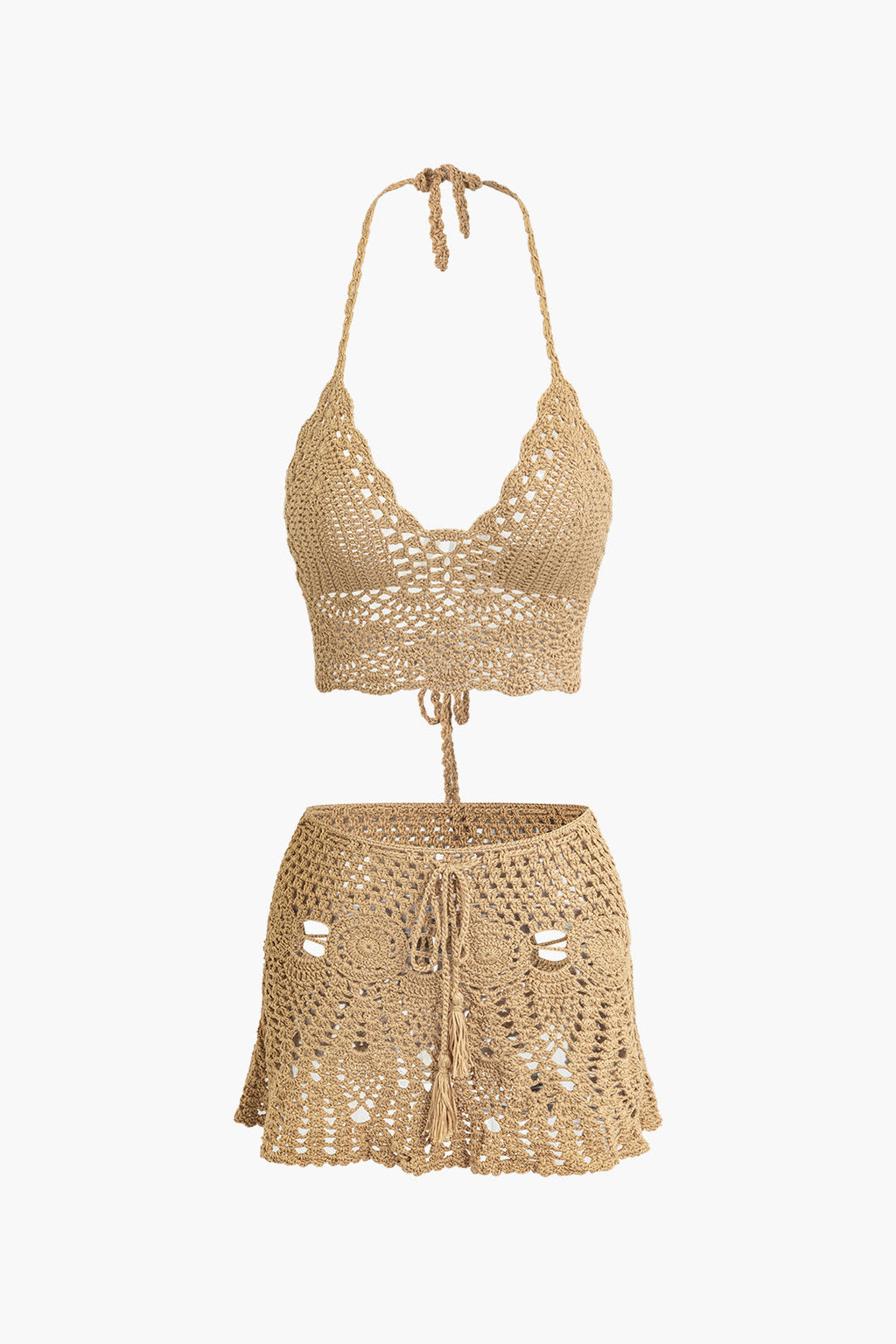 Conjunto Dos Piezas Ganchillo Halter Top Y Falda Mini
