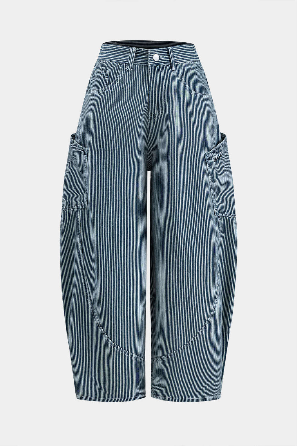 Jeans Anchos de Denim Rayados con Bolsillo Monograma