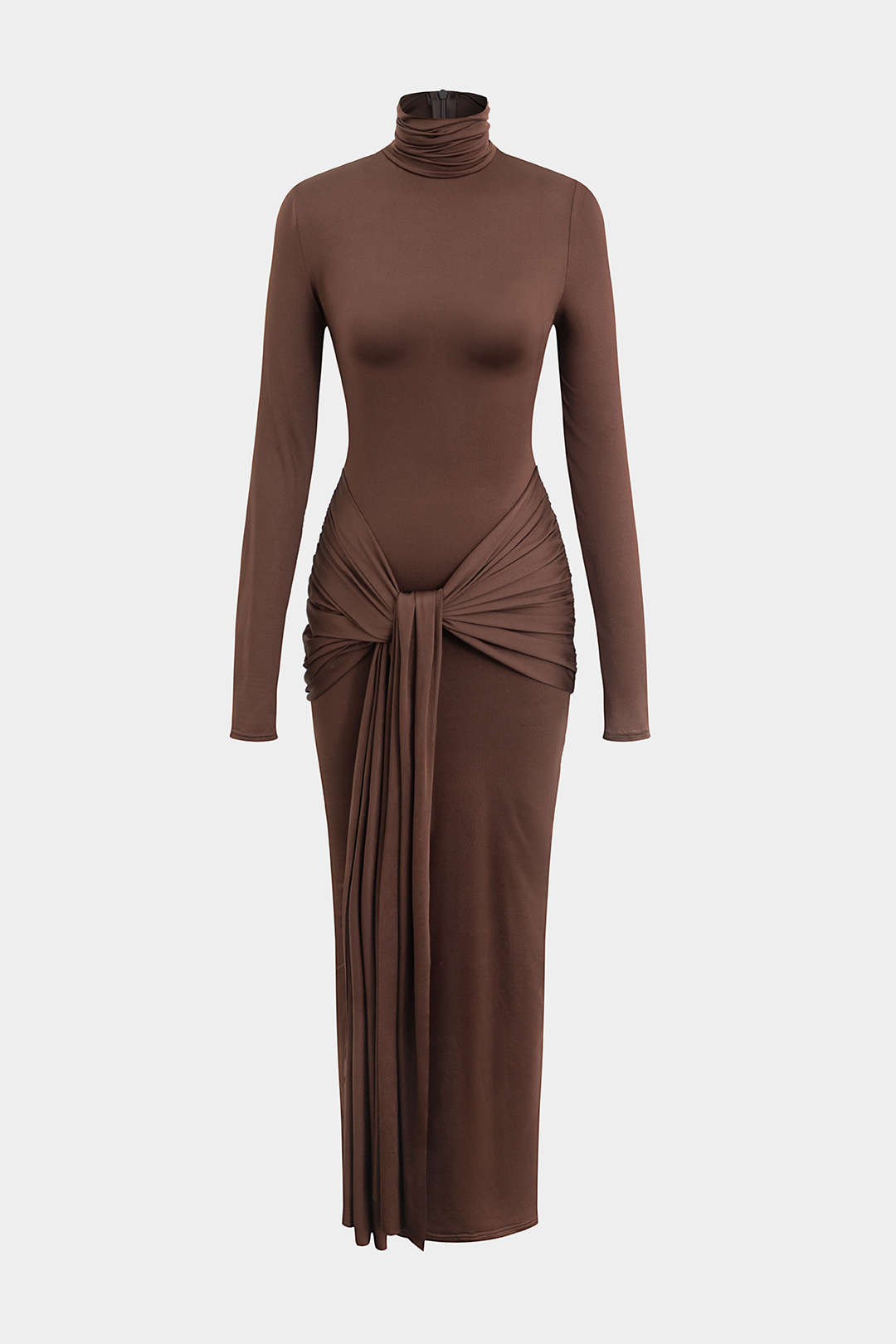 Vestido Maxi Drapeado Con Cuello Alto Manga Larga Elegante
