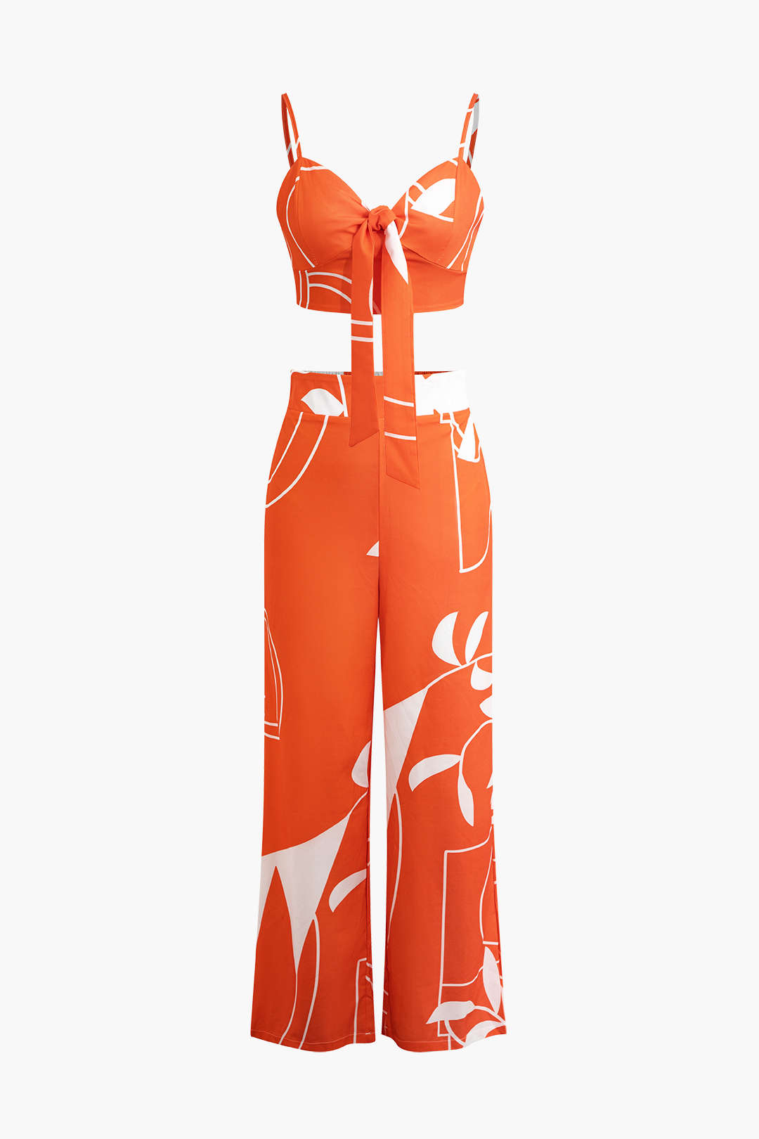 Conjunto Top Espagueti Pantalón Estampado Hojas De Bambú