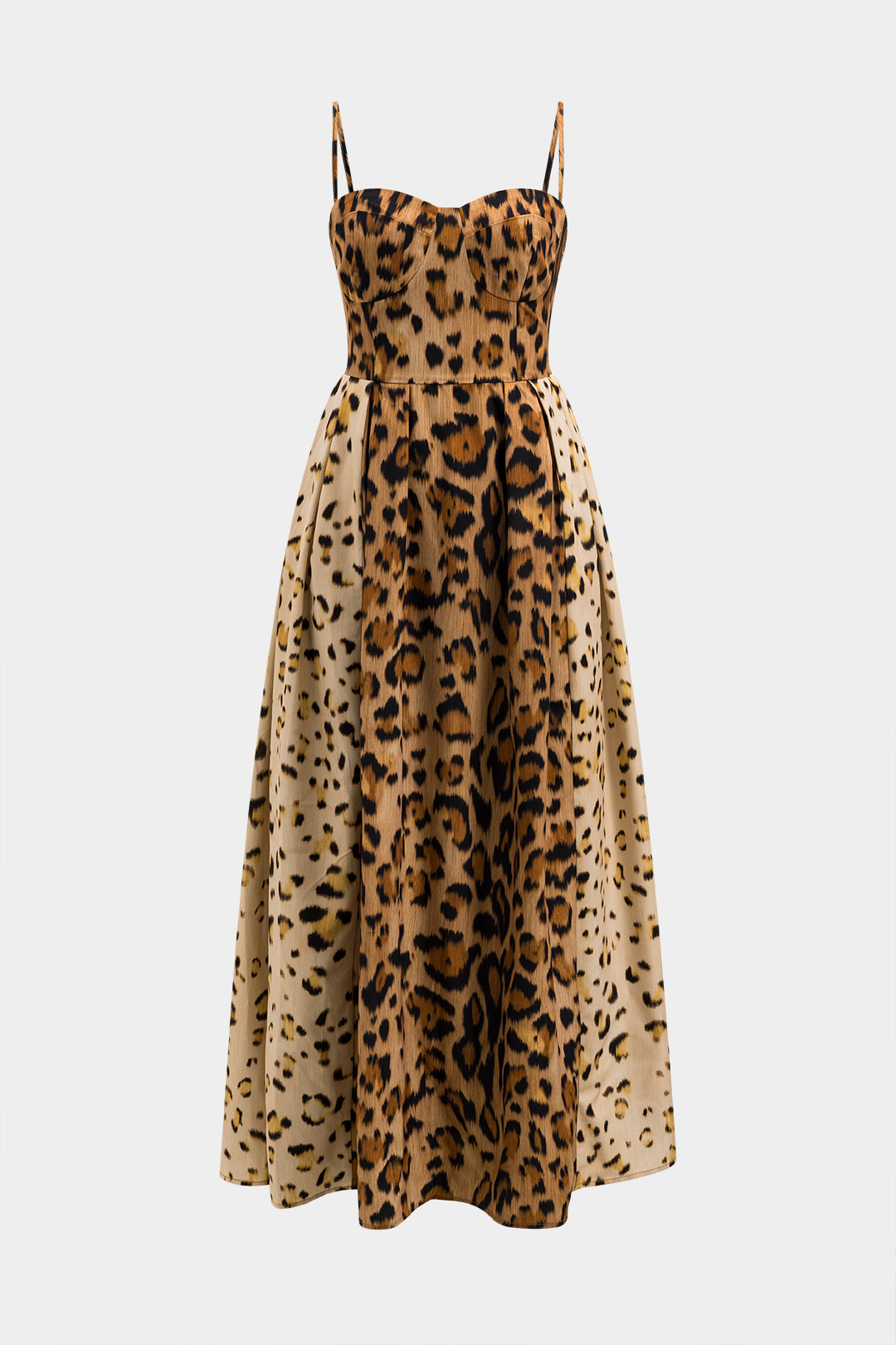 Vestido Midi Satén Con Bustier Arrugado Estampado Leopardo