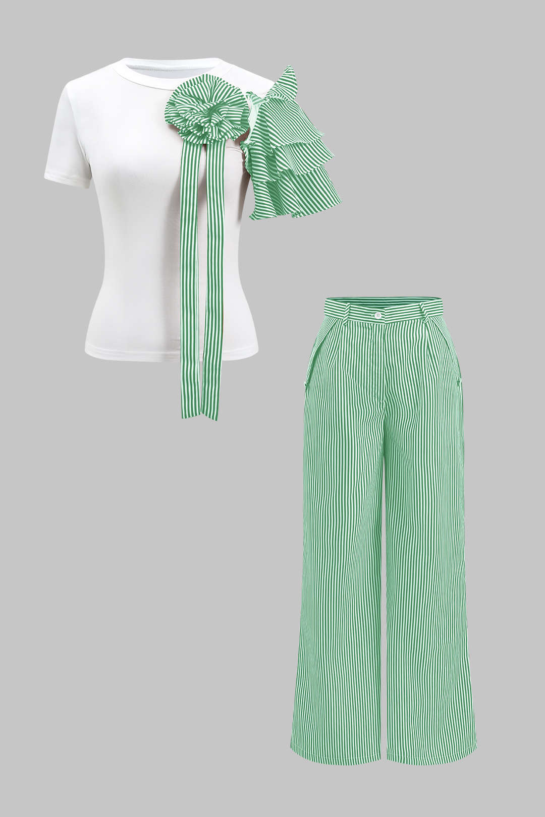 Blusa Rayas 3D con Flores y Pantalón Ancho con Botones