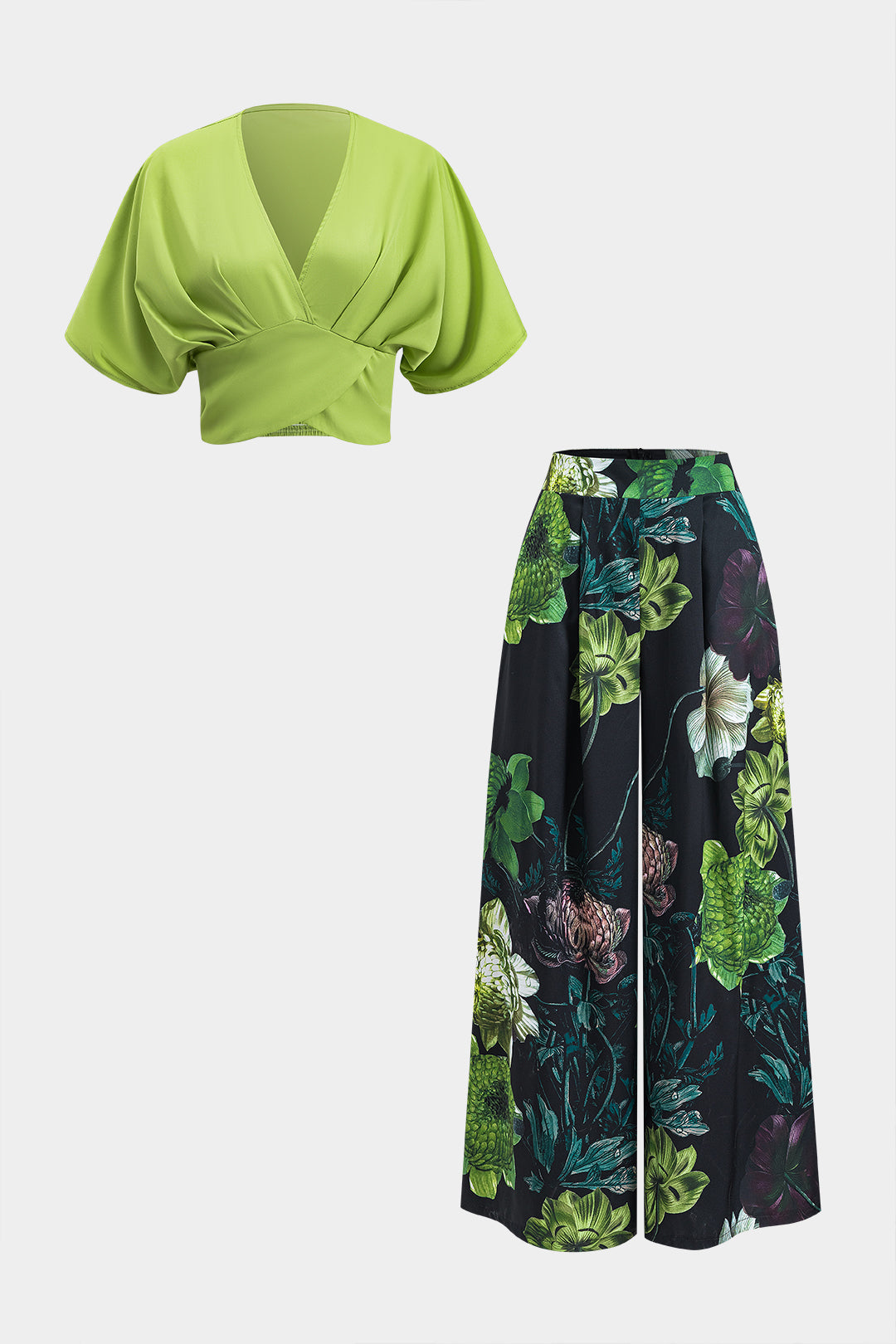 Conjunto Blusa Manga Corta Cremallera Floral Pantalón Ancho