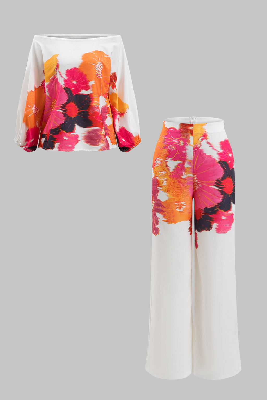 Conjunto Floral Blusa Hombro Descubierto Manga Larga