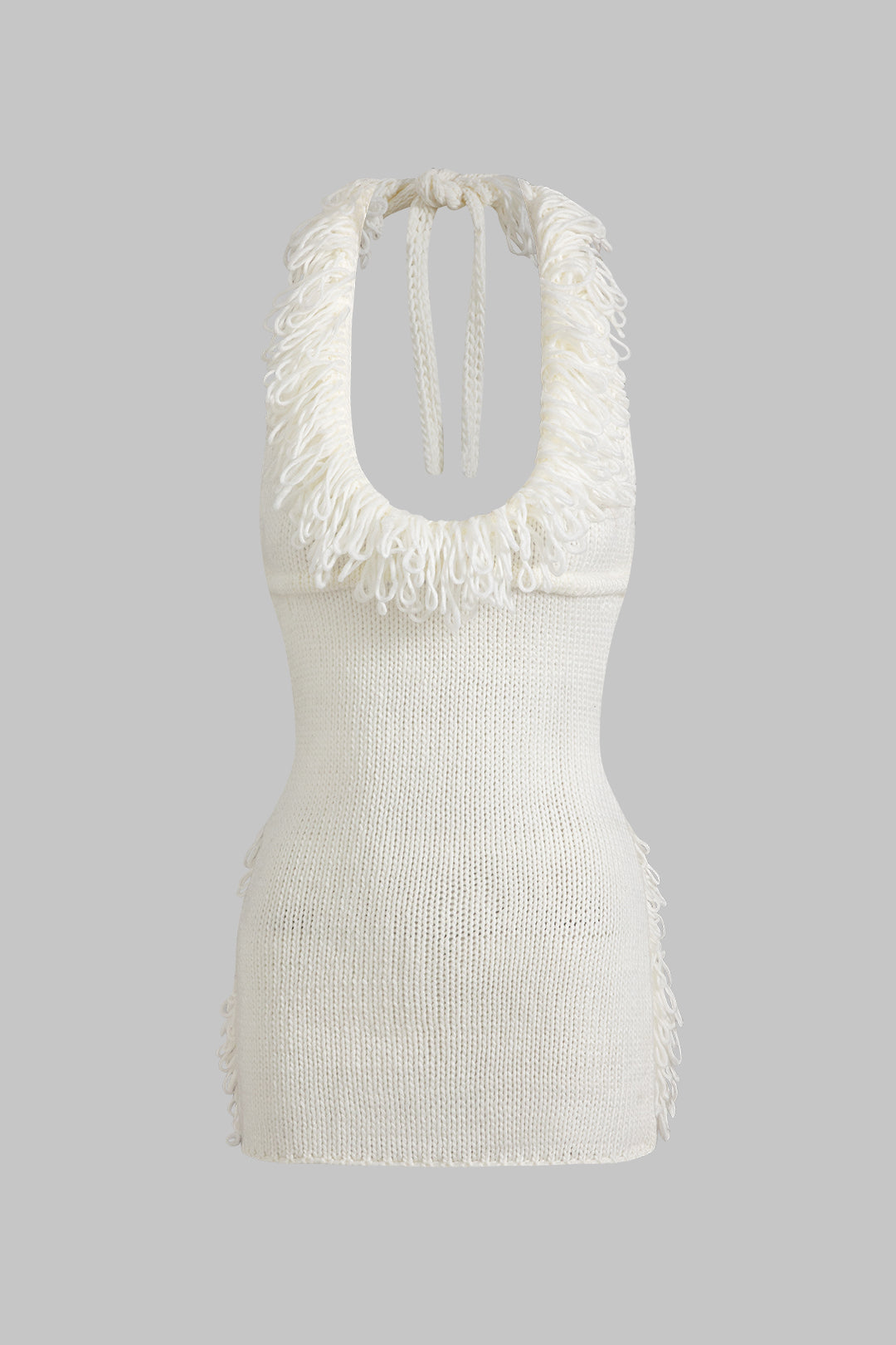 Vestido Noche Flecos Punto Cuello Halter Espalda Abierta