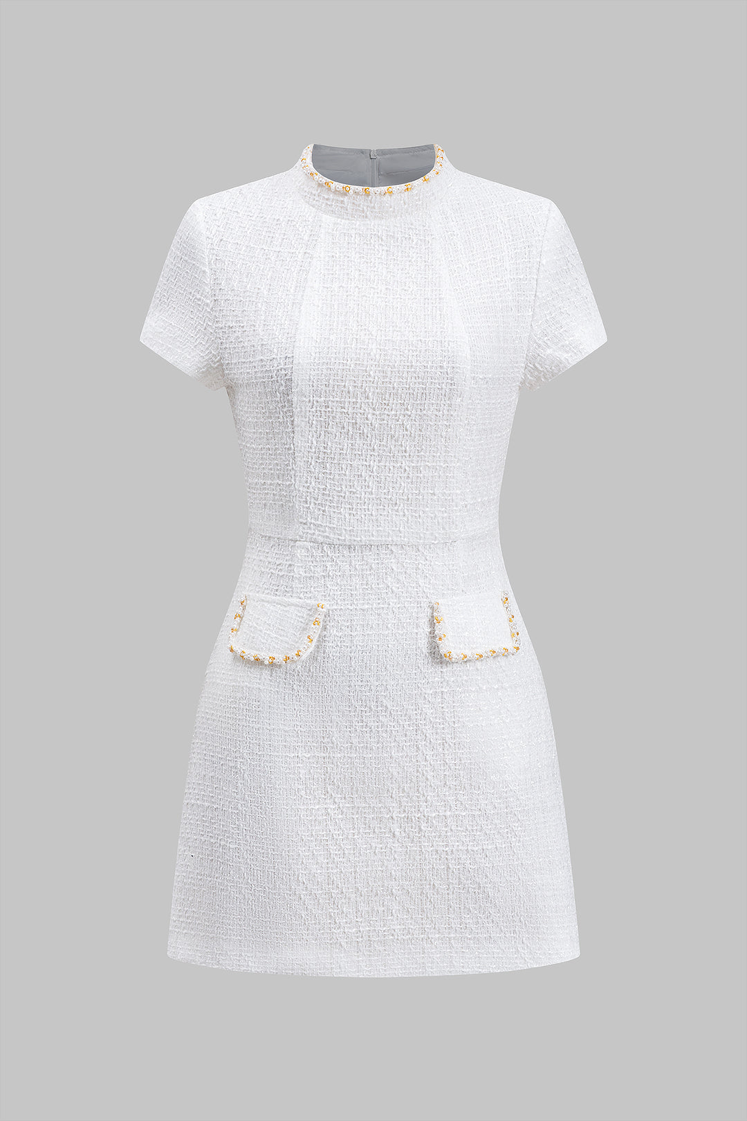 Vestido Mini Cuentas BolsilloFalso Cremallera MangasCortas