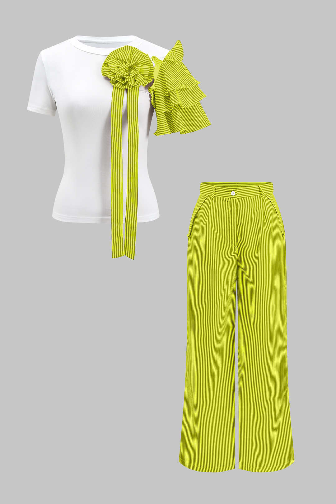 Blusa Rayas 3D con Flores y Pantalón Ancho con Botones