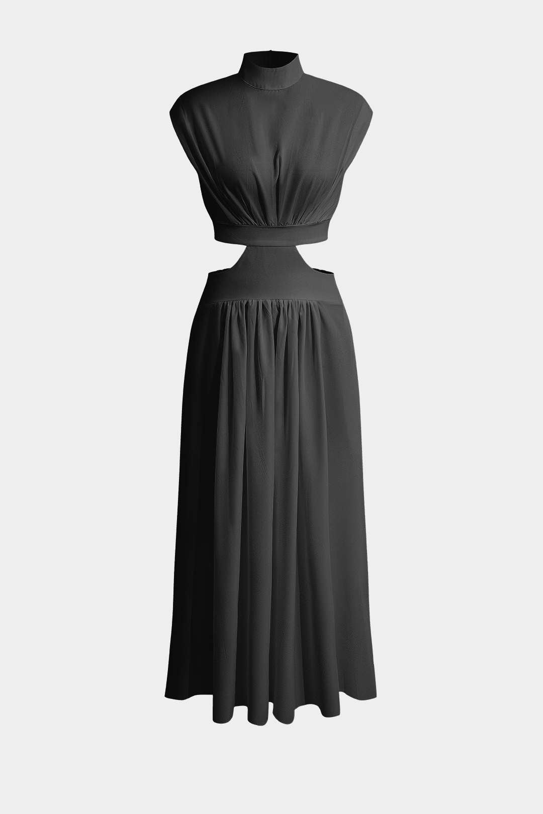 Vestido Maxi Plisado Con Cuello Alto Y Abertura Elegante