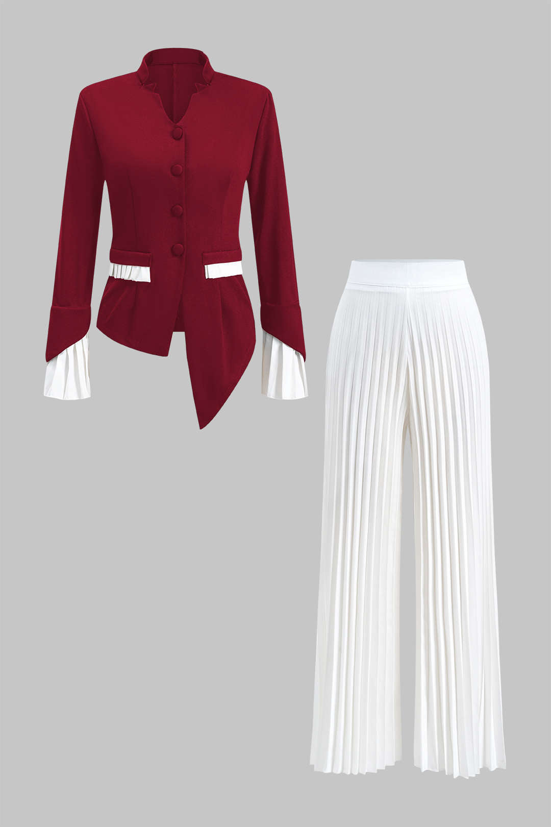 Conjunto Blusa Plisada De Contraste Y Pantalón Ancho