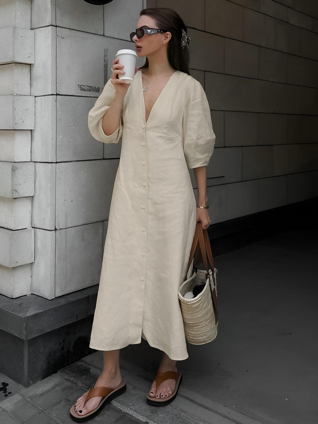 Vestido Largo De Lino Con Botones Yiwu Algodón 60 Lino 40