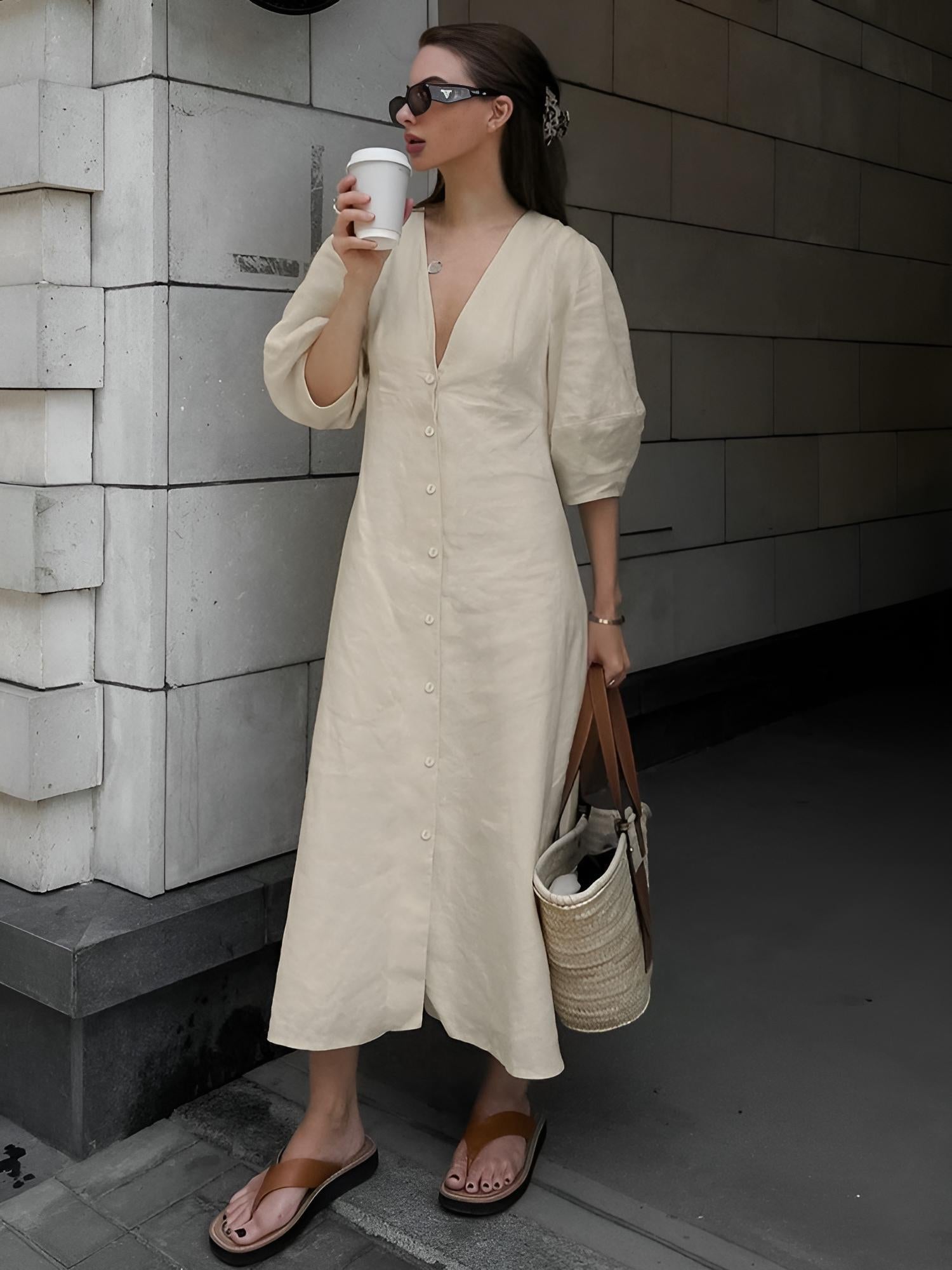 Vestido Largo De Lino Con Botones Yiwu Algodón 60 Lino 40